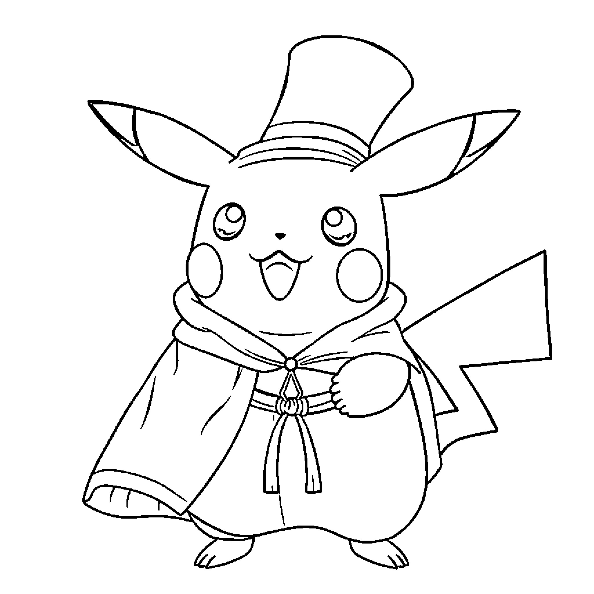 Pikachu dressed as a magician with a hat and wand Coloring Page (free black-and-white line drawing printable PDF for all, from beginners to advanced learners, including children, teens, adults, and seniors)