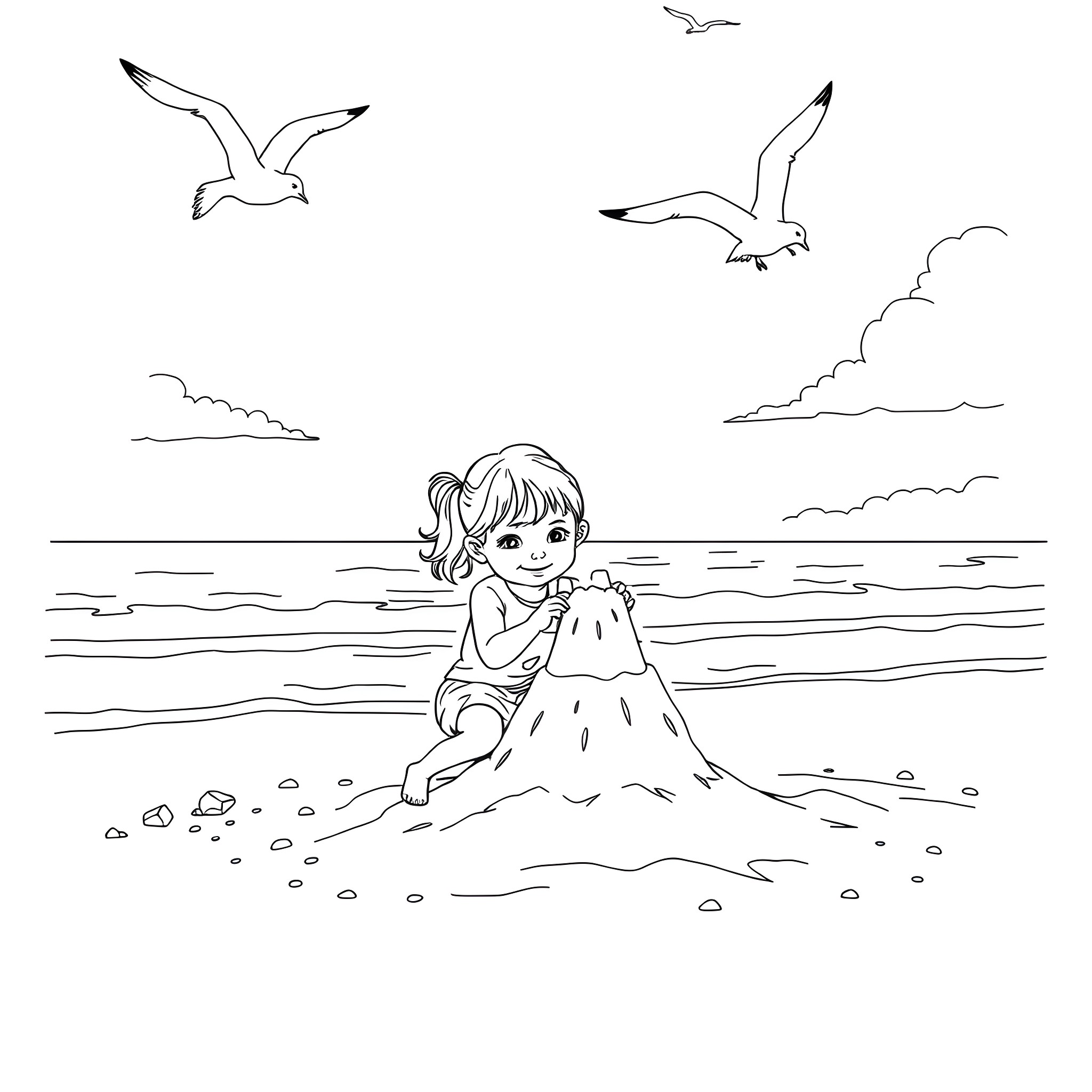 Girl building sandcastle by the sea Coloring Page (free black-and-white line drawing printable PDF for all, from beginners to advanced learners, including children, teens, adults, and seniors)