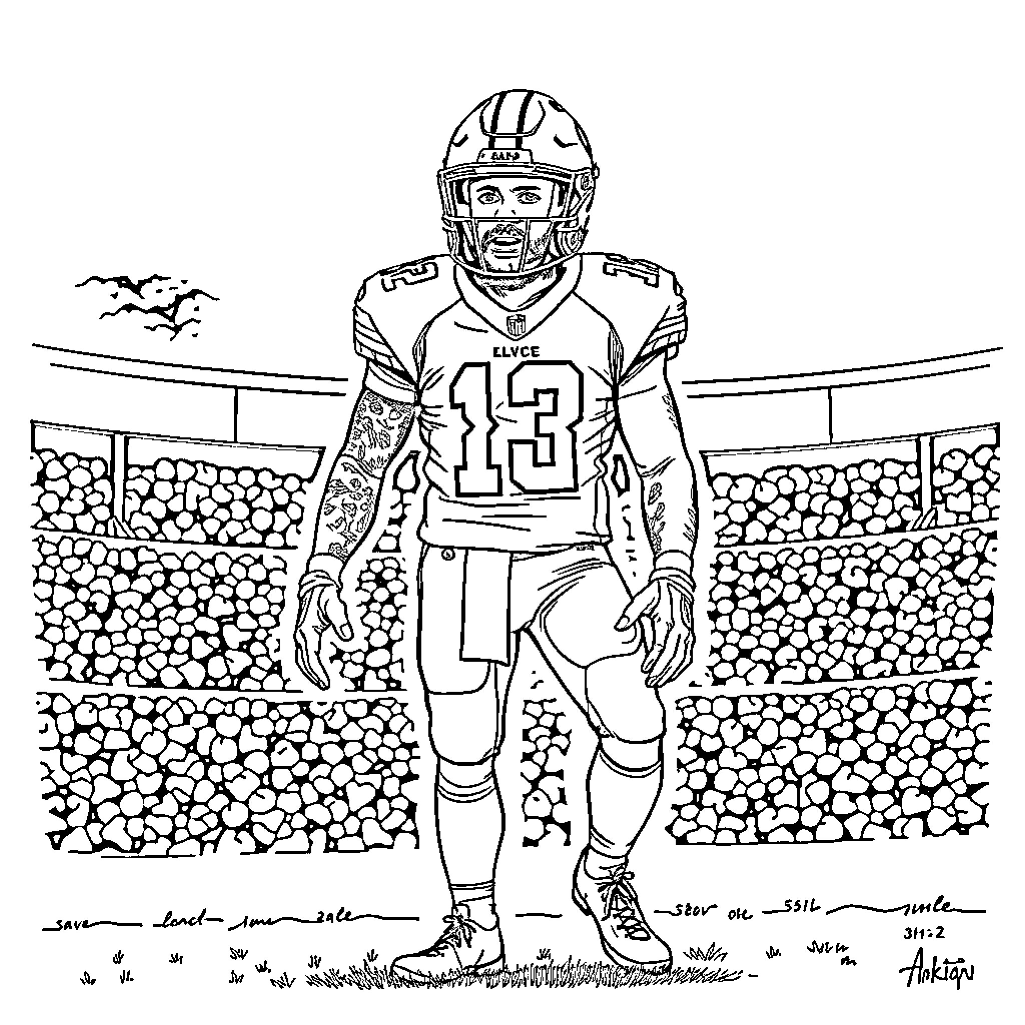 Travis Kelce standing confidently on the football field Coloring Page (free black-and-white line drawing printable PDF for all, from beginners to advanced learners, including children, teens, adults, and seniors)