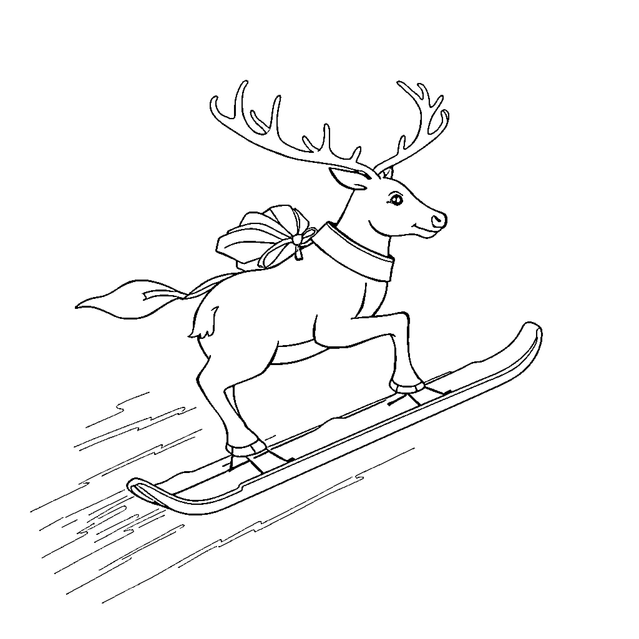Reindeer skiing on the slopes Coloring Page (free black-and-white line drawing printable PDF for all, from beginners to advanced learners, including children, teens, adults, and seniors)