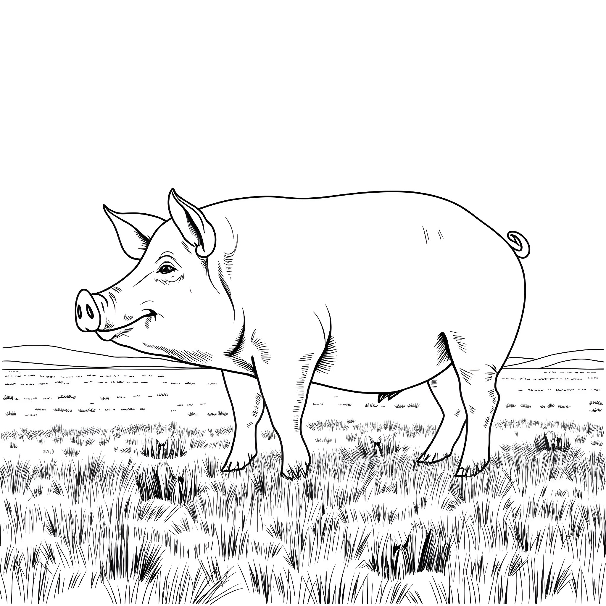 Pig standing in a grassy field Coloring Page (free black-and-white line drawing printable PDF for all, from beginners to advanced learners, including children, teens, adults, and seniors)
