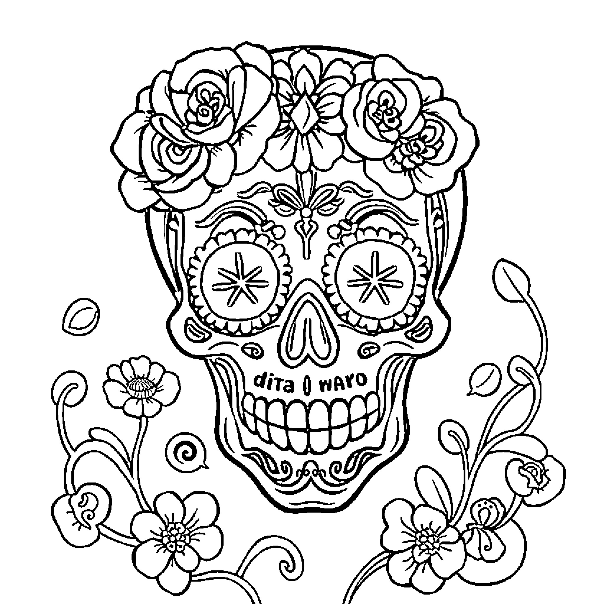 Cuadrangulo Day of the Dead Floral Skull Coloring Page (free black-and-white line drawing printable PDF for all, from beginners to advanced learners, including children, teens, adults, and seniors)