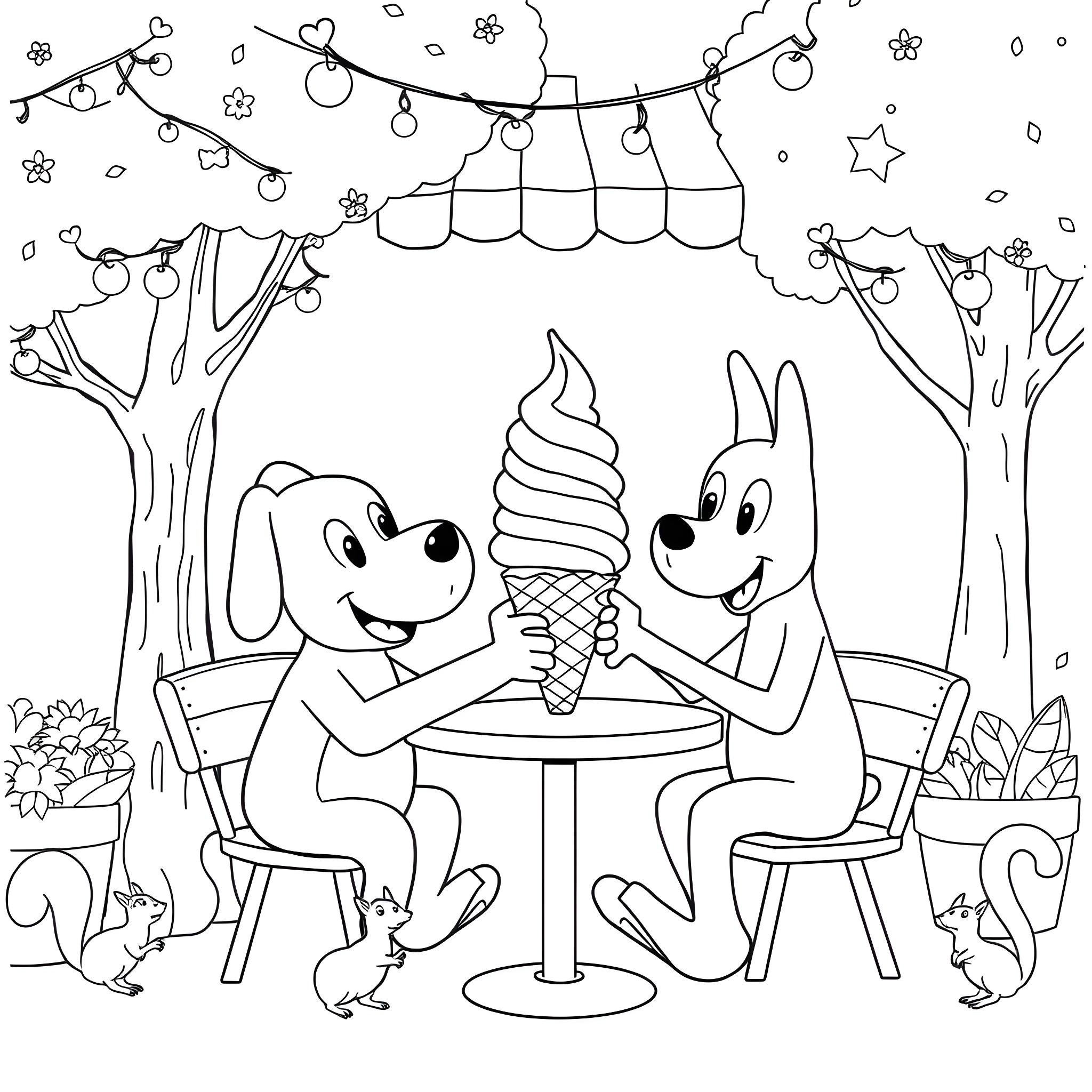 Pongo's Picnic with Playful Pals Coloring Page (free black-and-white line drawing printable PDF for all, from beginners to advanced learners, including children, teens, adults, and seniors)