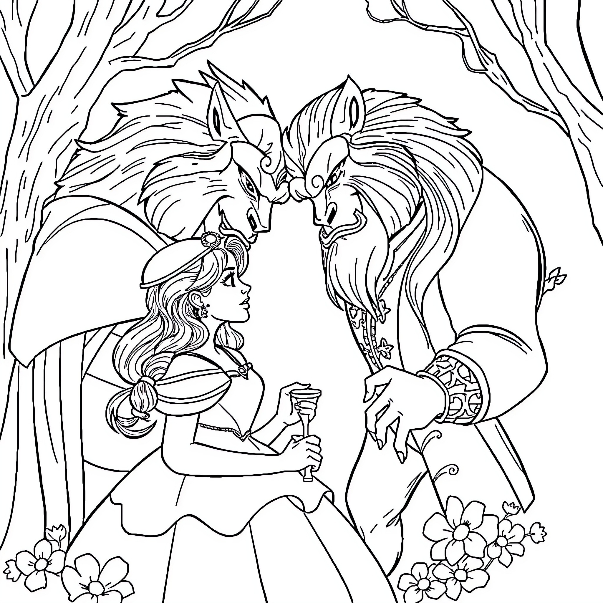 Beauty And The Beast Embrace In Forest Coloring Page (free black-and-white line drawing printable PDF for all, from beginners to advanced learners, including children, teens, adults, and seniors)