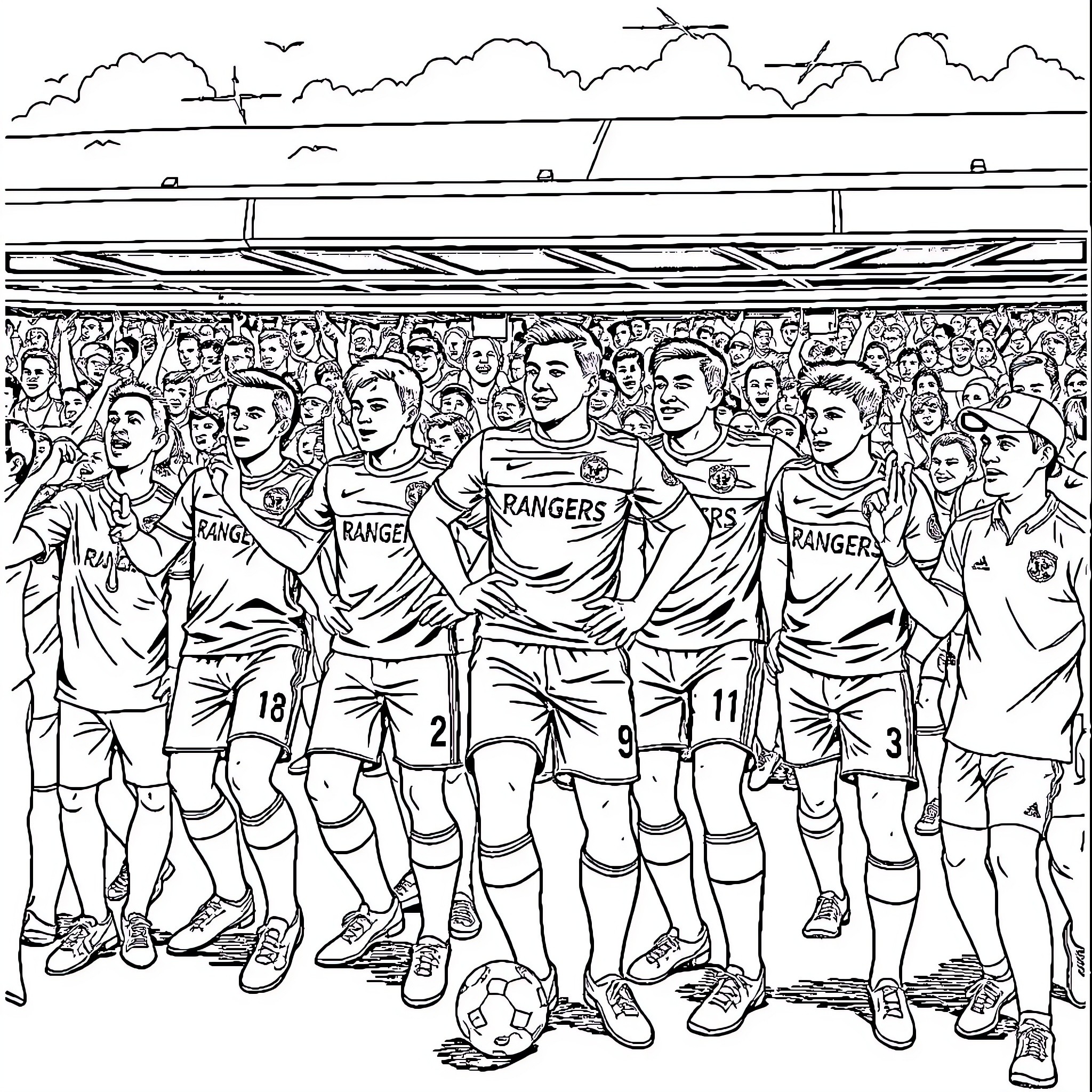 Rangers Team Celebrating Victory on the Field Coloring Page (free black-and-white line drawing printable PDF for all, from beginners to advanced learners, including children, teens, adults, and seniors)