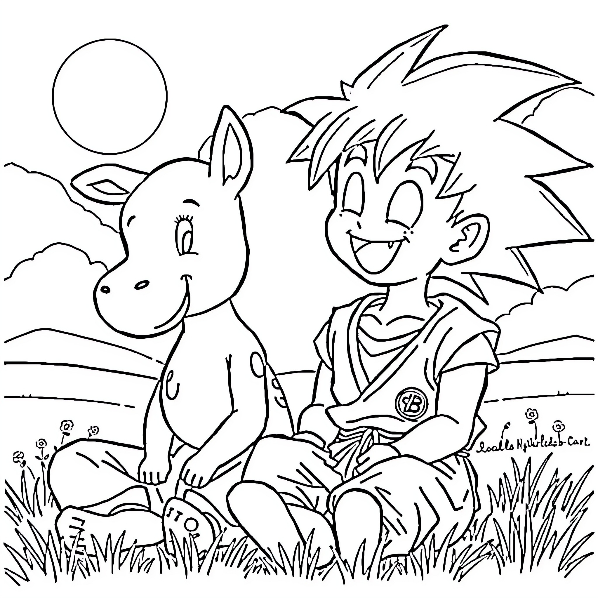Goku and his friendly animal companion enjoying the outdoors Coloring Page (free black-and-white line drawing printable PDF for all, from beginners to advanced learners, including children, teens, adults, and seniors)