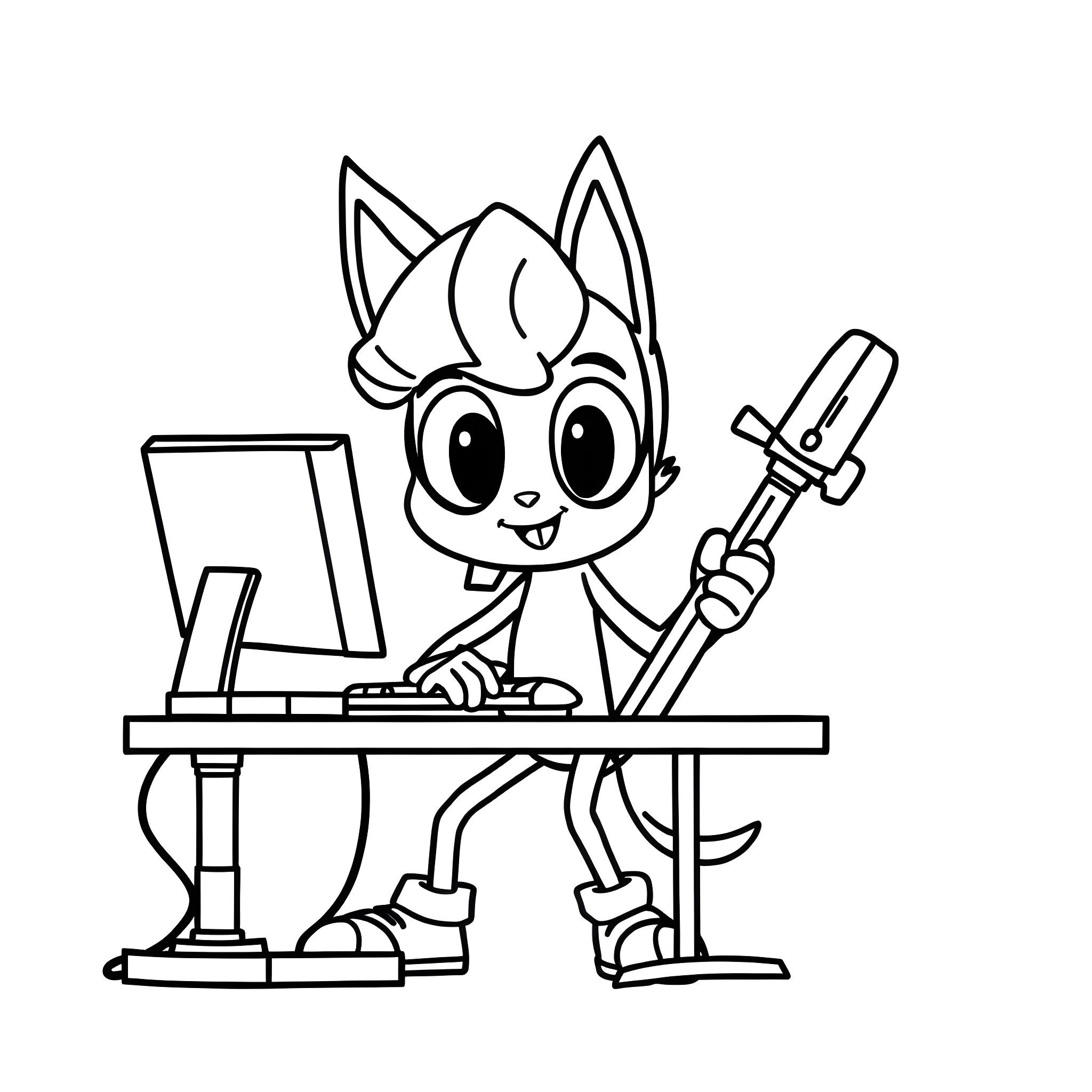 Fixie cat fixing computer at desk Coloring Page (free black-and-white line drawing printable PDF for all, from beginners to advanced learners, including children, teens, adults, and seniors)