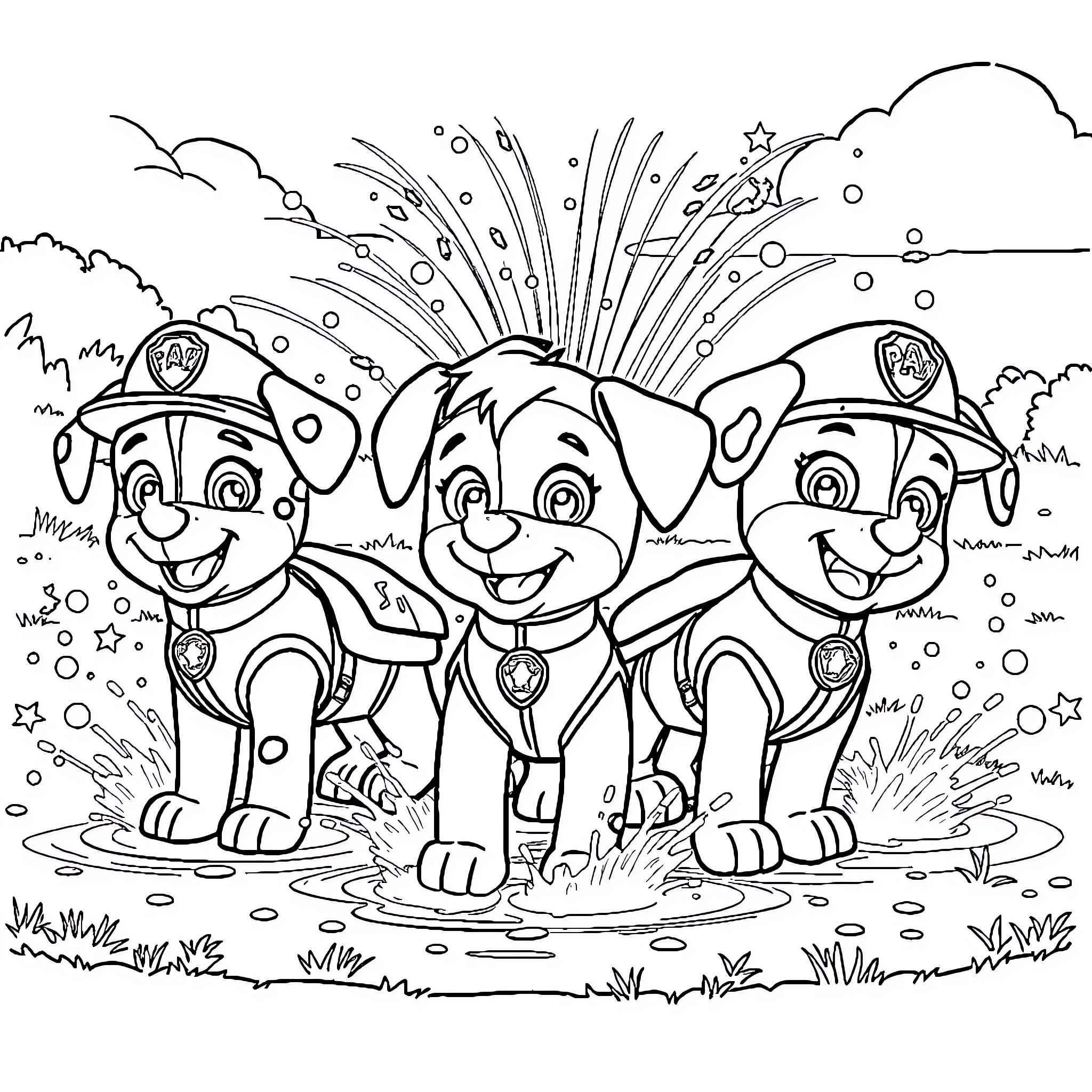 Paw Patrol Pups Celebrate with Fireworks Coloring Page (free black-and-white line drawing printable PDF for all, from beginners to advanced learners, including children, teens, adults, and seniors)