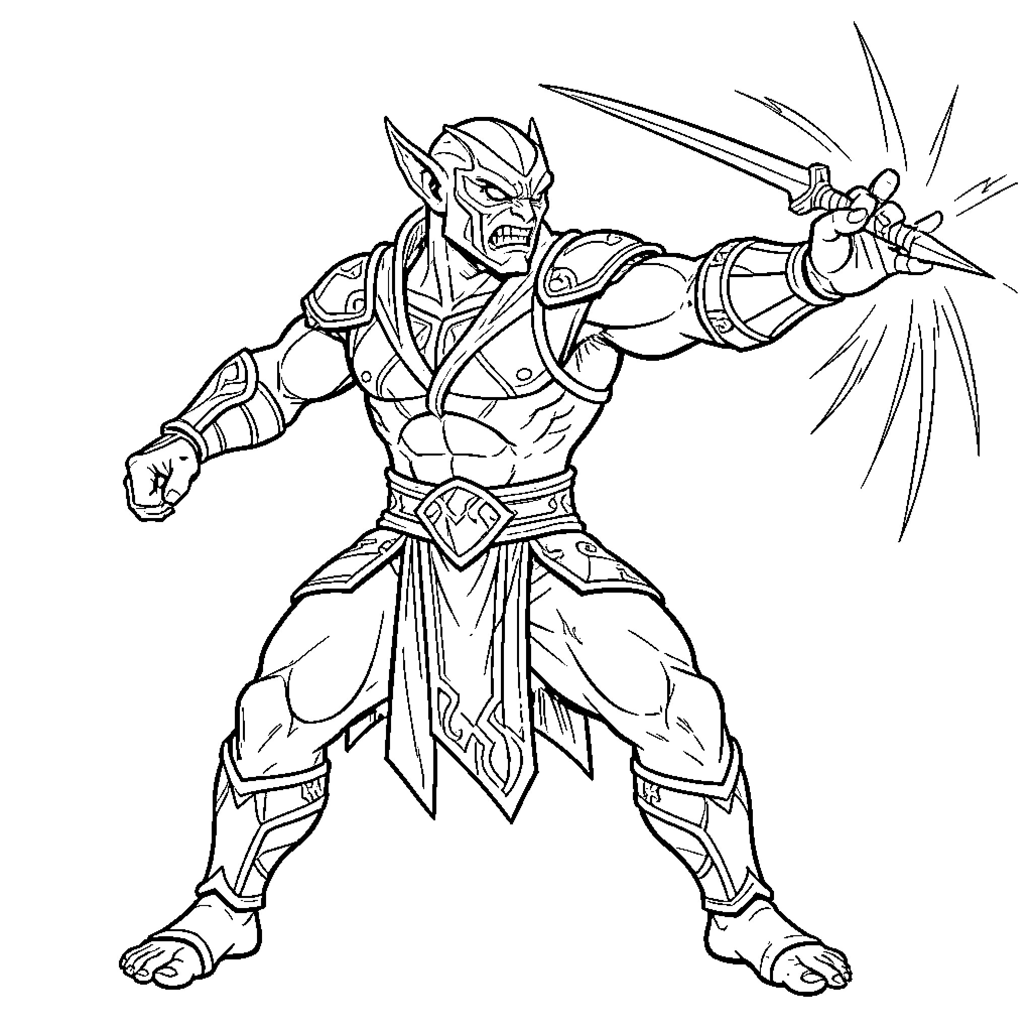Scorpion warrior wielding bladed weapon in combat stance Coloring Page (free black-and-white line drawing printable PDF for all, from beginners to advanced learners, including children, teens, adults, and seniors)