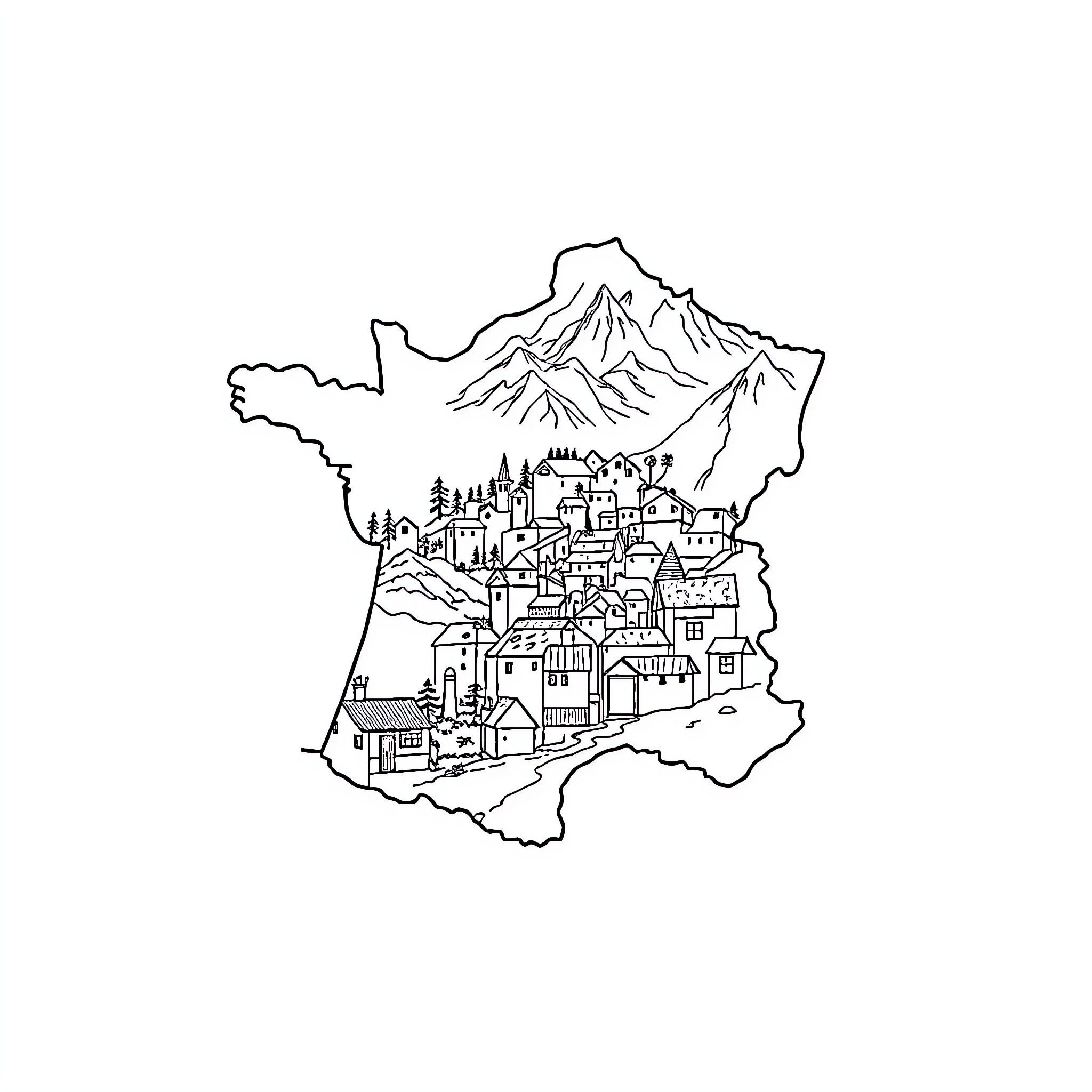 Department 06: Outline of a Mountainous Town Coloring Page (free black-and-white line drawing printable PDF for all, from beginners to advanced learners, including children, teens, adults, and seniors)