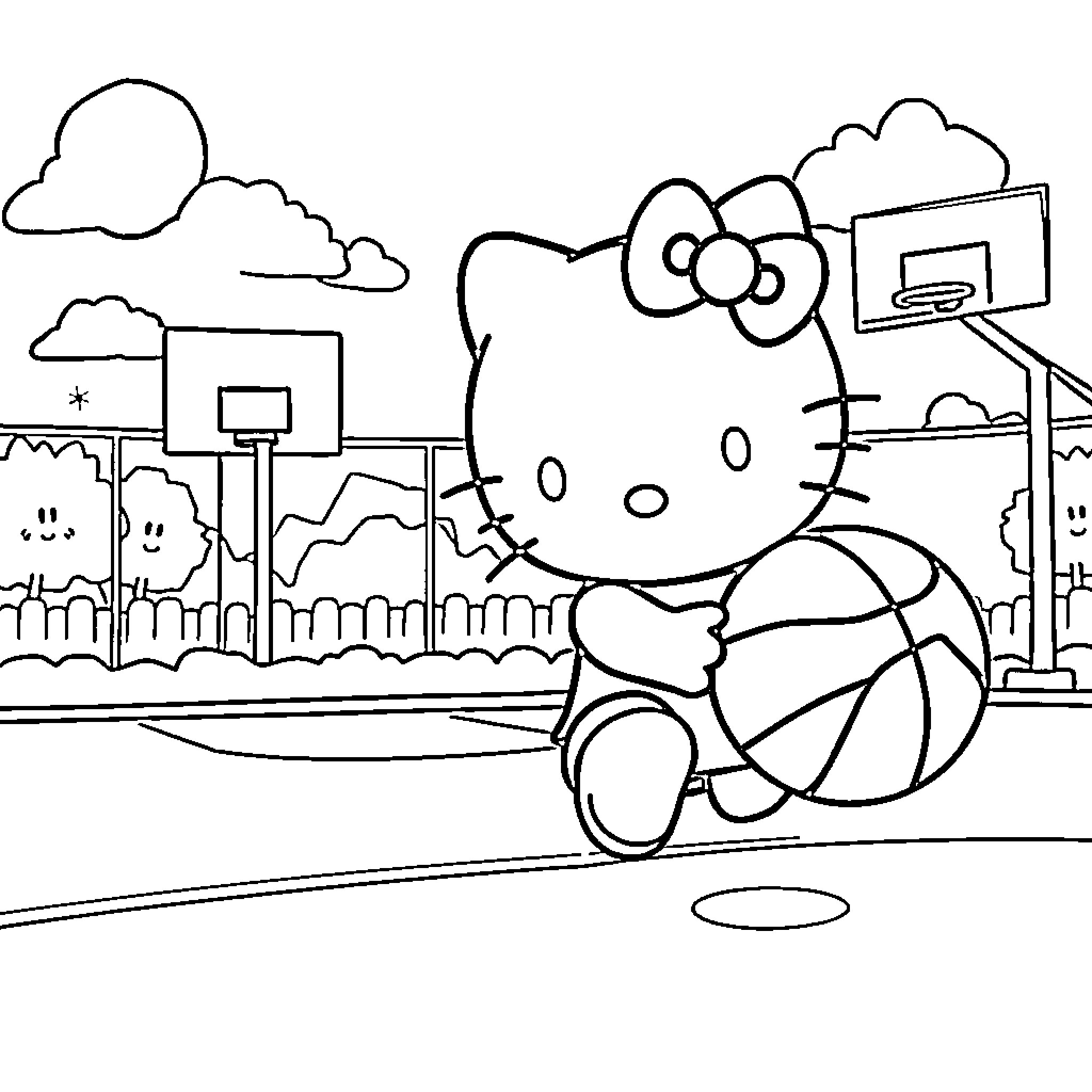 Hello Kitty playing basketball on the court Coloring Page (free black-and-white line drawing printable PDF for all, from beginners to advanced learners, including children, teens, adults, and seniors)