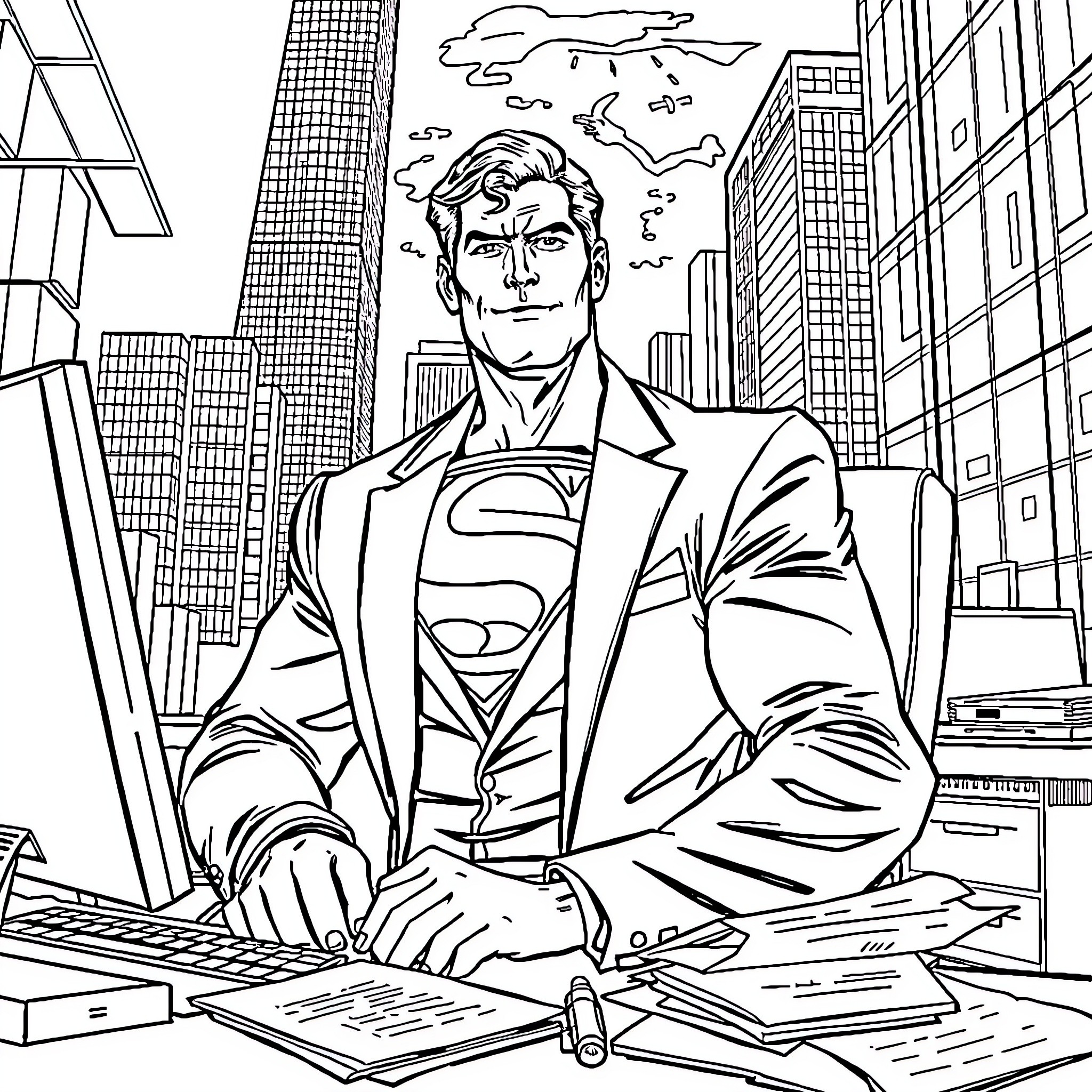 Superman working diligently at his desk in the city Coloring Page (free black-and-white line drawing printable PDF for all, from beginners to advanced learners, including children, teens, adults, and seniors)