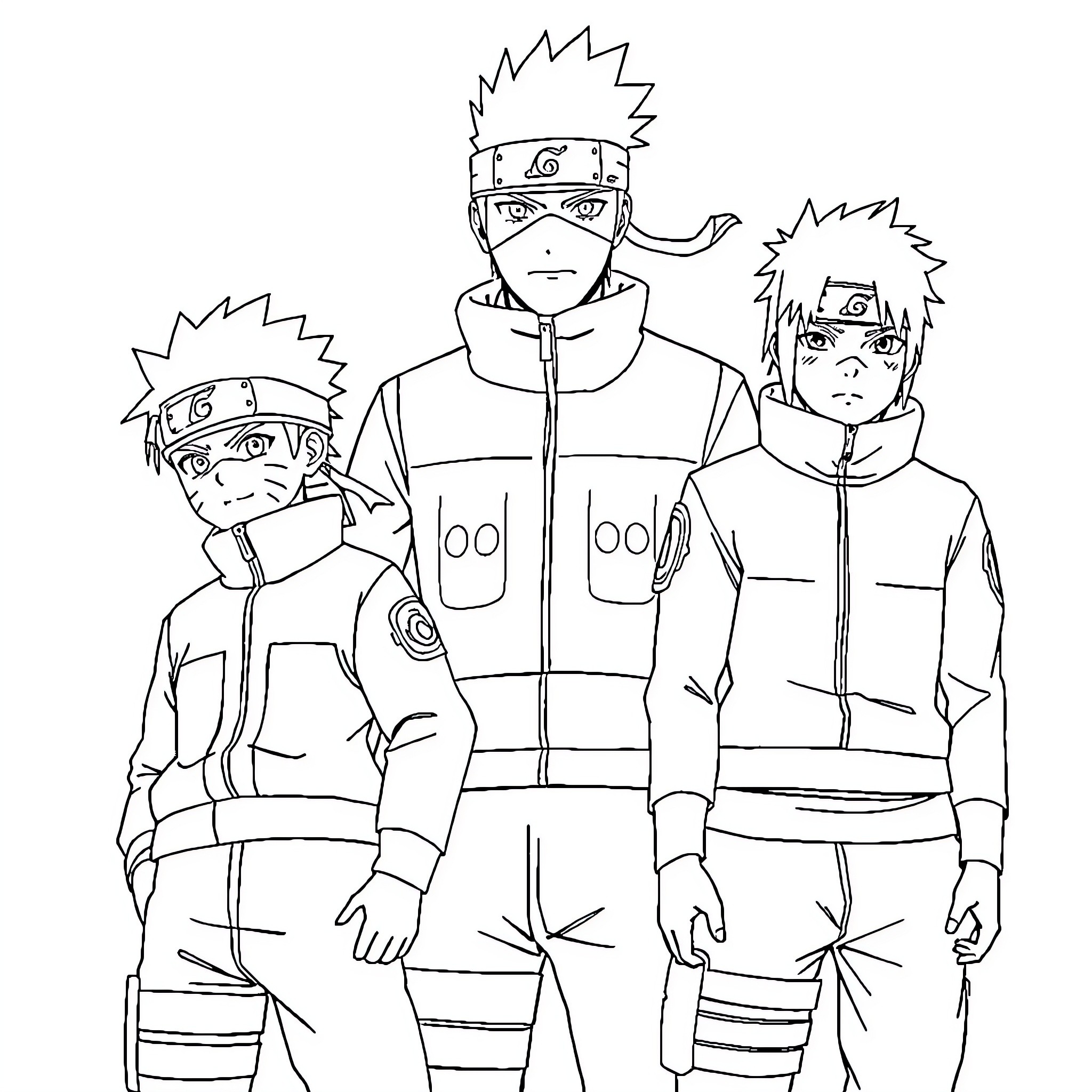 Anime Characters in Ninja Outfits Coloring Page (free black-and-white line drawing printable PDF for all, from beginners to advanced learners, including children, teens, adults, and seniors)