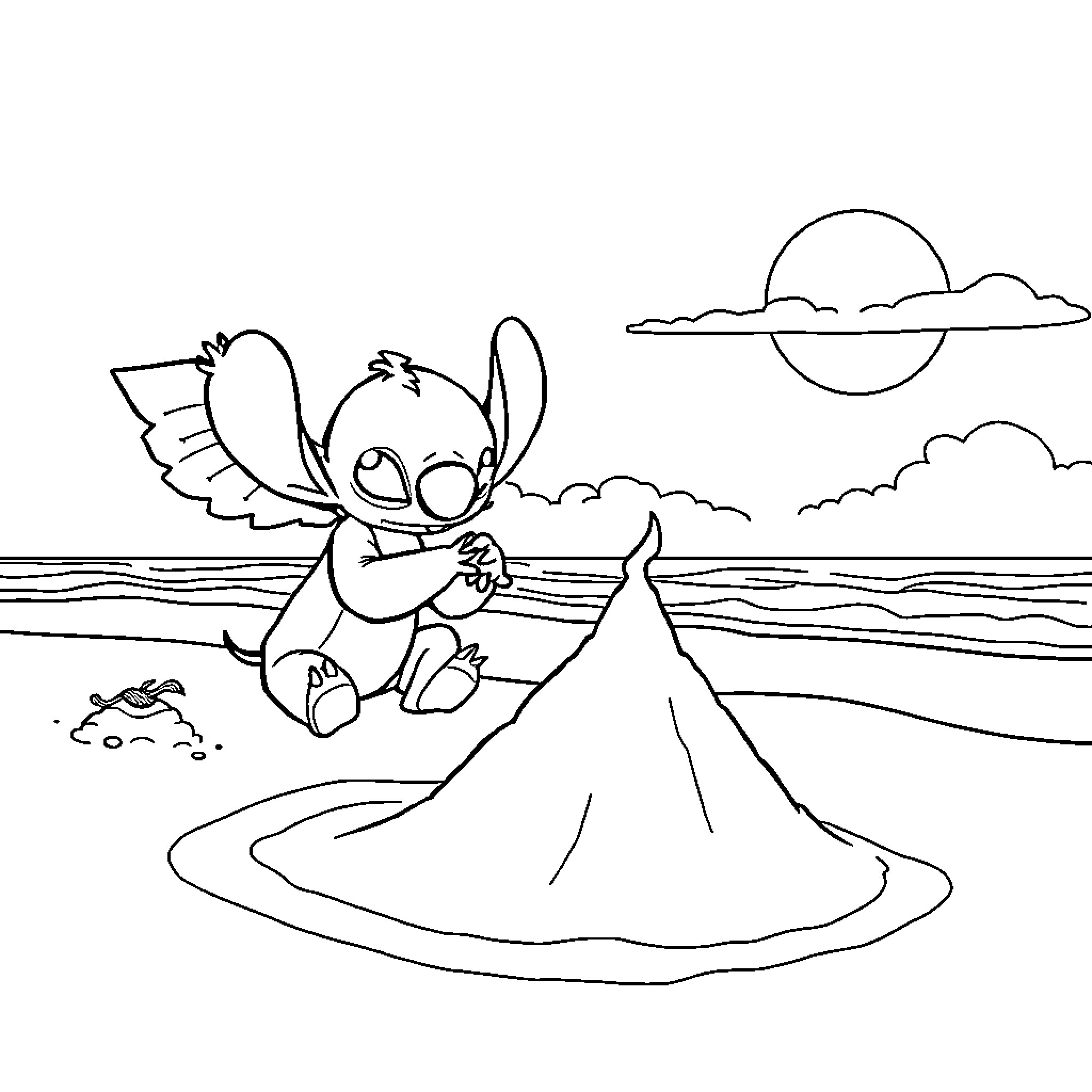 Stitch enjoying a peaceful day at the beach Coloring Page (free black-and-white line drawing printable PDF for all, from beginners to advanced learners, including children, teens, adults, and seniors)