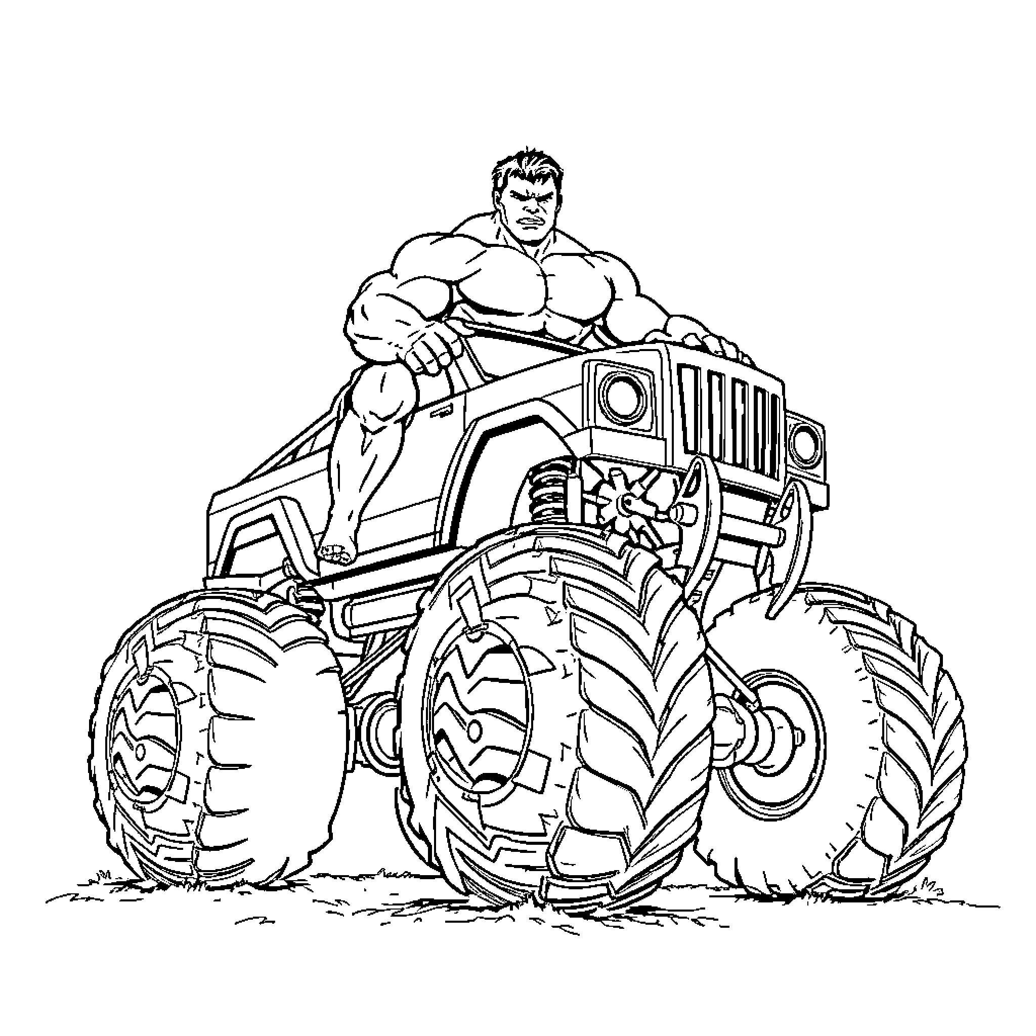 Hulk Riding Powerful Monster Truck Coloring Page (free black-and-white line drawing printable PDF for all, from beginners to advanced learners, including children, teens, adults, and seniors)