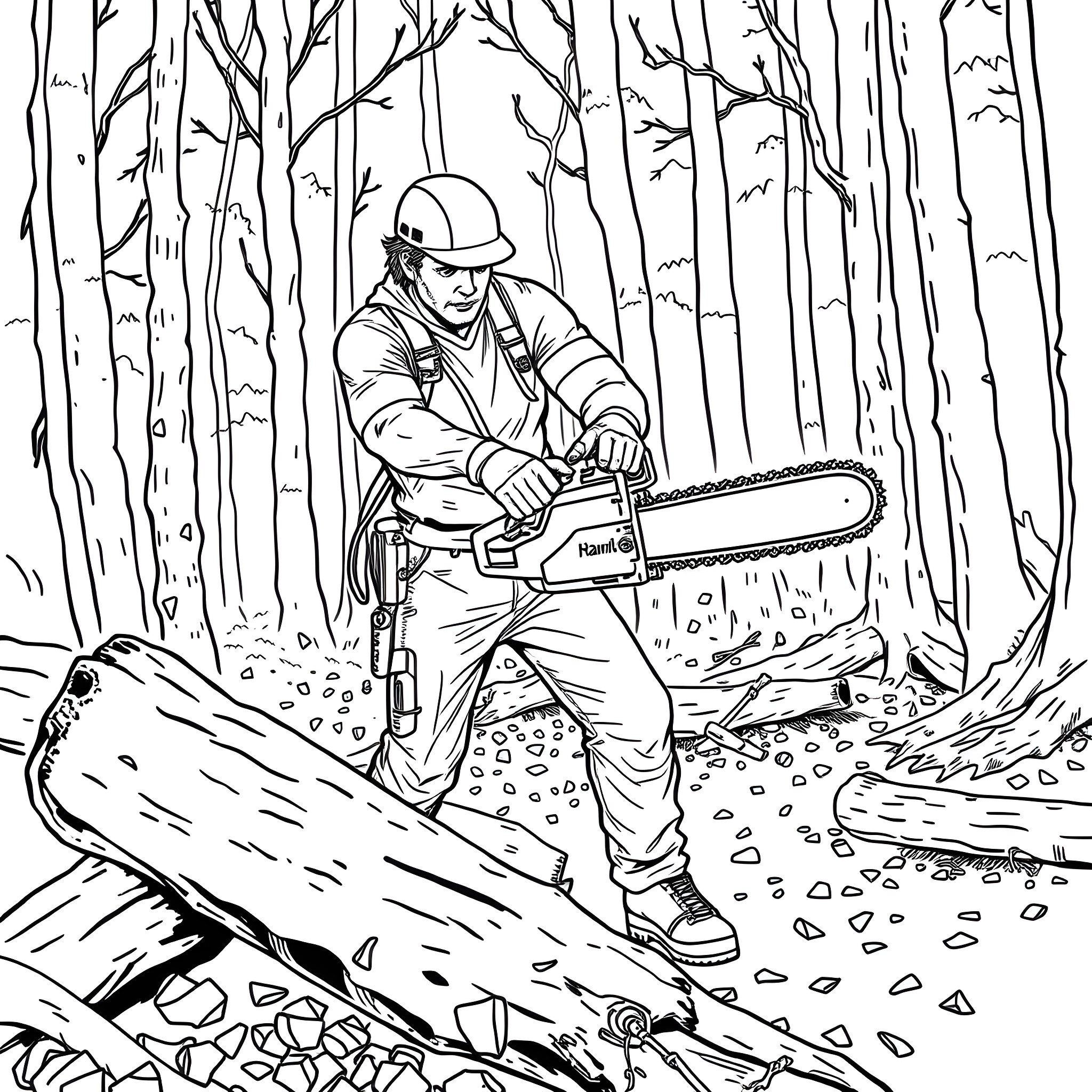 Chainsaw operator clearing fallen trees in forest Coloring Page (free black-and-white line drawing printable PDF for all, from beginners to advanced learners, including children, teens, adults, and seniors)