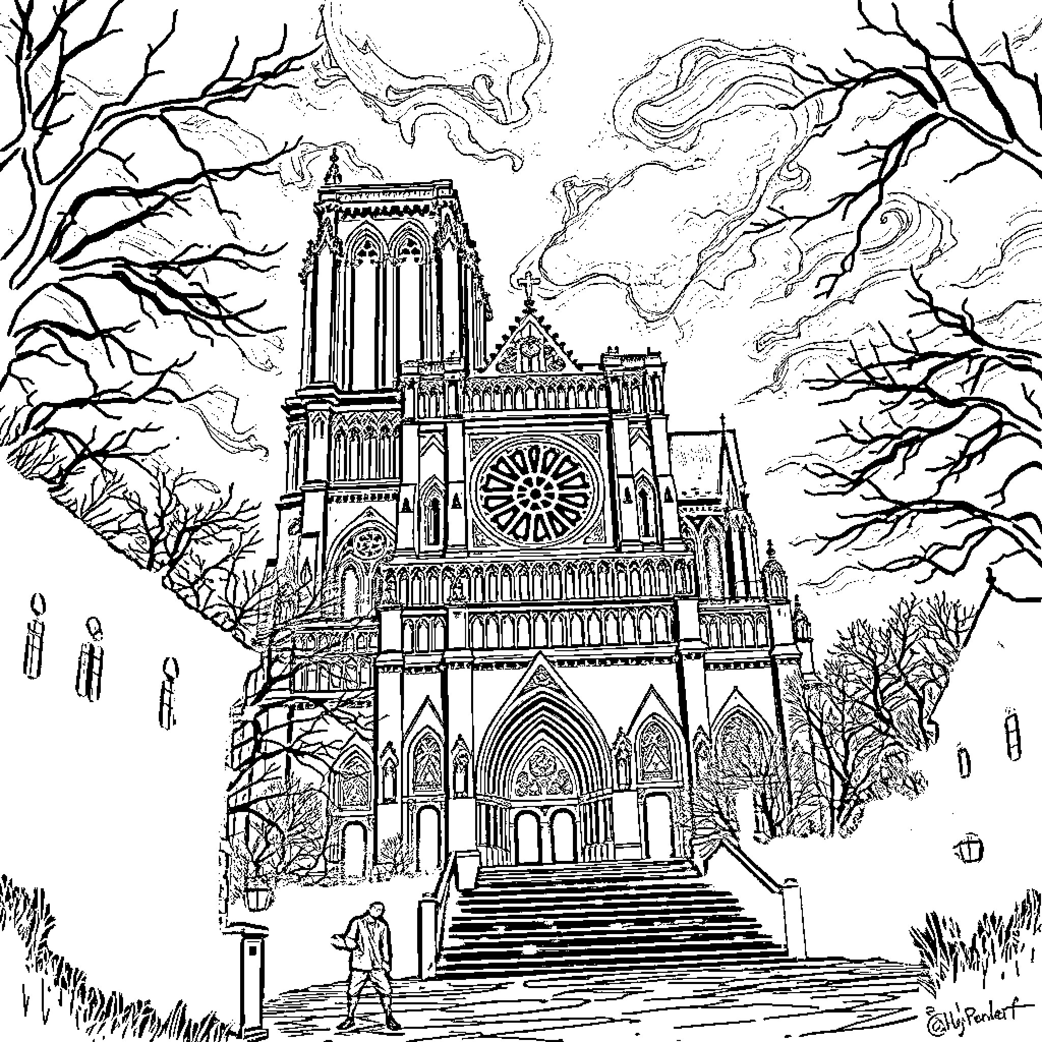 Notre-Dame Cathedral in Snowy Winter Landscape Coloring Page (free black-and-white line drawing printable PDF for all, from beginners to advanced learners, including children, teens, adults, and seniors)