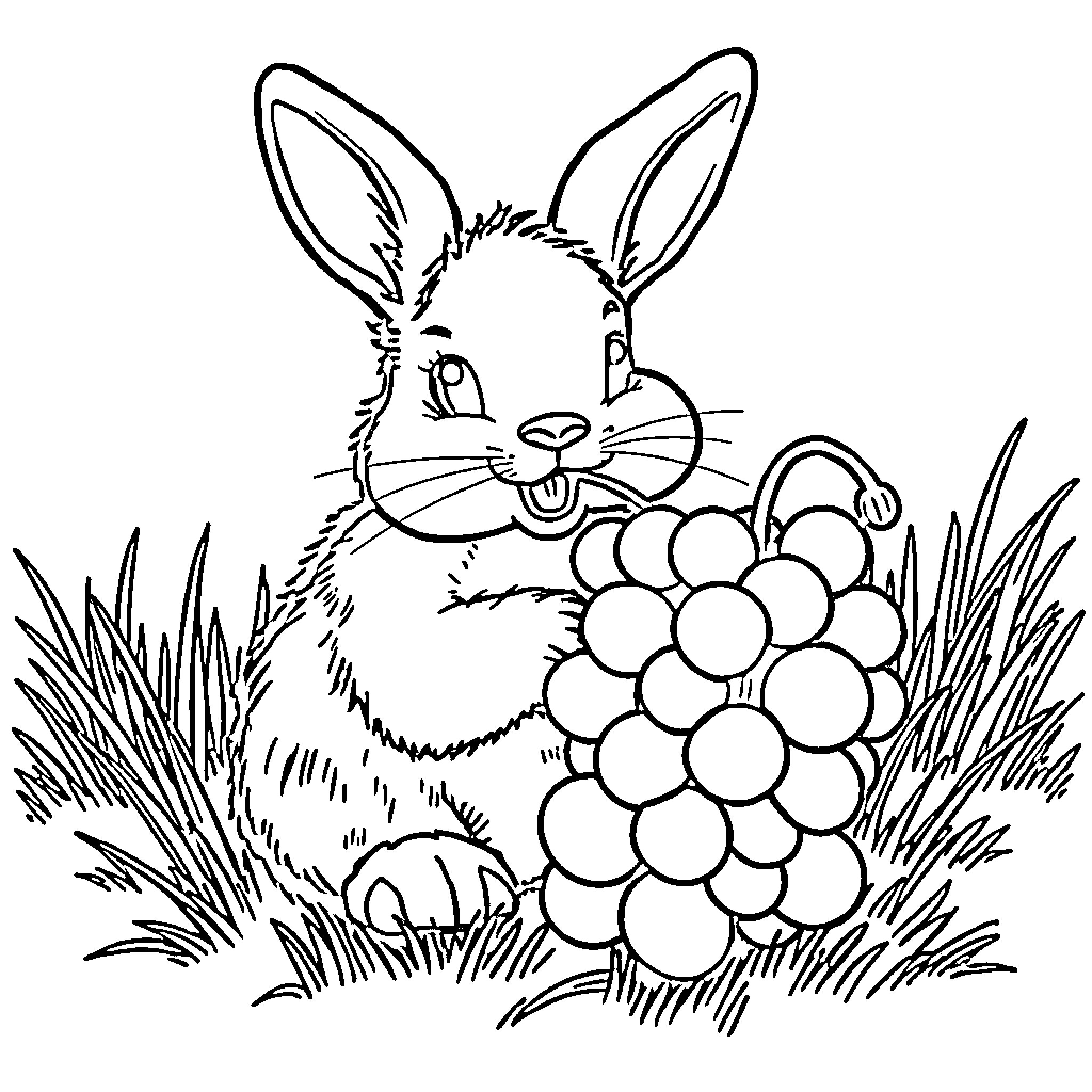 Bunny with a Bunch of Grapes in the Grass Coloring Page (free black-and-white line drawing printable PDF for all, from beginners to advanced learners, including children, teens, adults, and seniors)