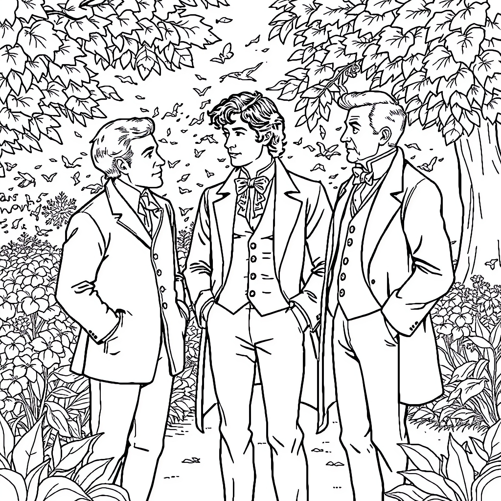 Mr. Darcy and companions in a lush, outdoor setting Coloring Page (free black-and-white line drawing printable PDF for all, from beginners to advanced learners, including children, teens, adults, and seniors)