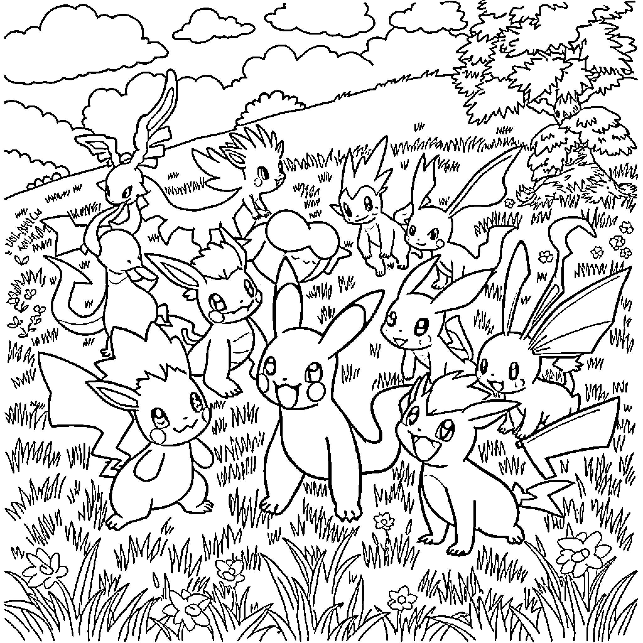 Pokémon characters playing in a lush forest landscape Coloring Page (free black-and-white line drawing printable PDF for all, from beginners to advanced learners, including children, teens, adults, and seniors)