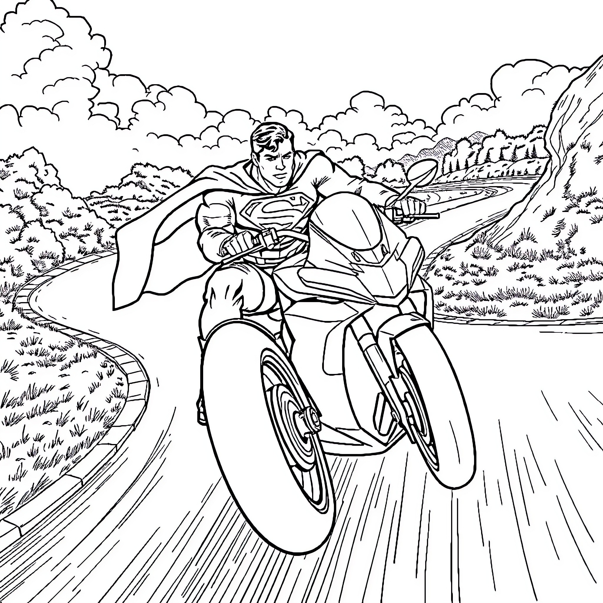 Superman speeding through the countryside on his motorcycle Coloring Page (free black-and-white line drawing printable PDF for all, from beginners to advanced learners, including children, teens, adults, and seniors)