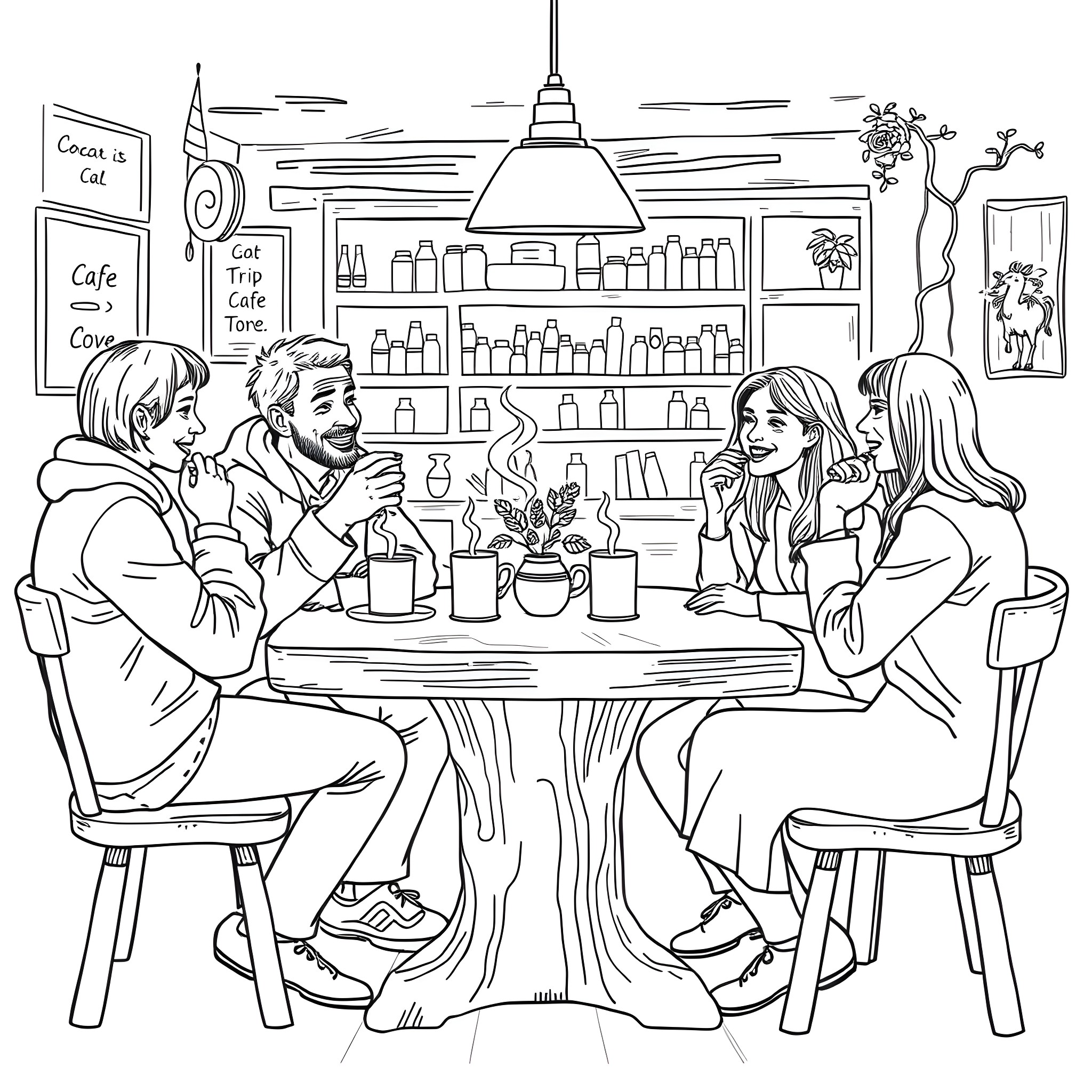 Chat at the Cozy Cafe Coloring Page (free black-and-white line drawing printable PDF for all, from beginners to advanced learners, including children, teens, adults, and seniors)