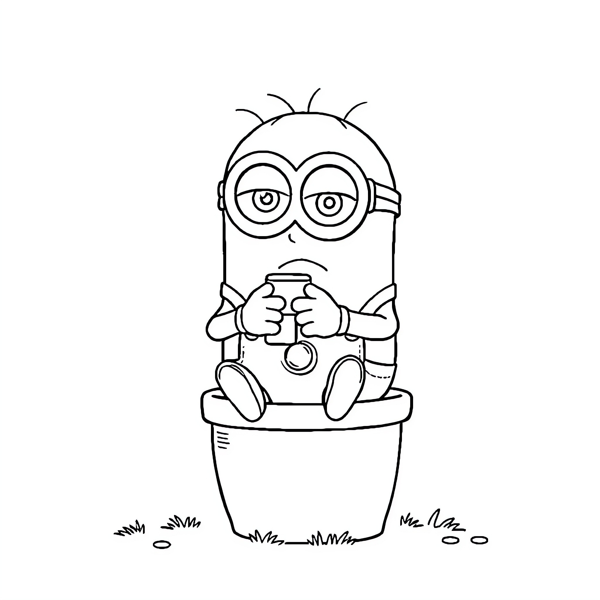 Minion enjoying a cozy flower pot Coloring Page (free black-and-white line drawing printable PDF for all, from beginners to advanced learners, including children, teens, adults, and seniors)
