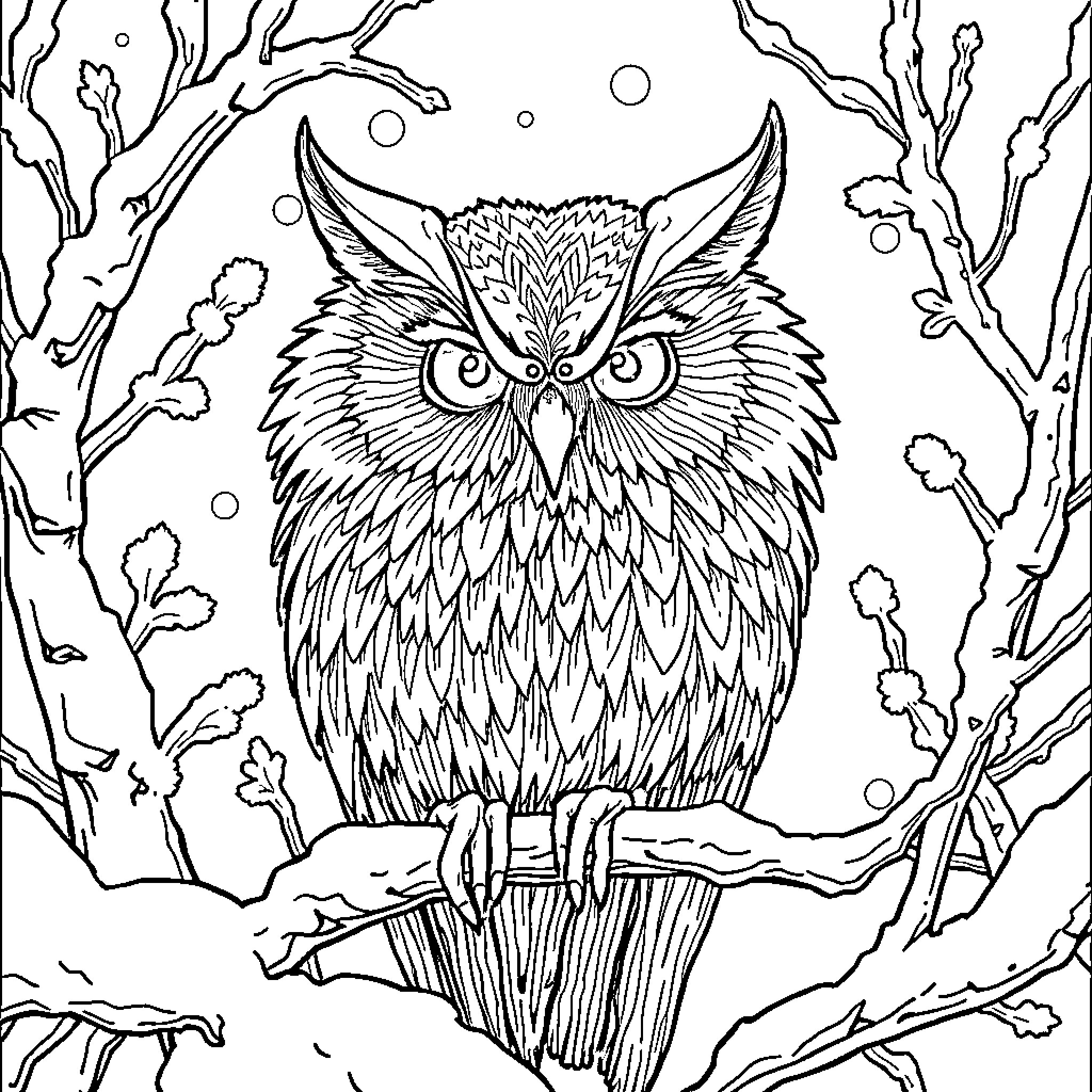 Winter Owl in Snowy Forest Coloring Page (free black-and-white line drawing printable PDF for all, from beginners to advanced learners, including children, teens, adults, and seniors)