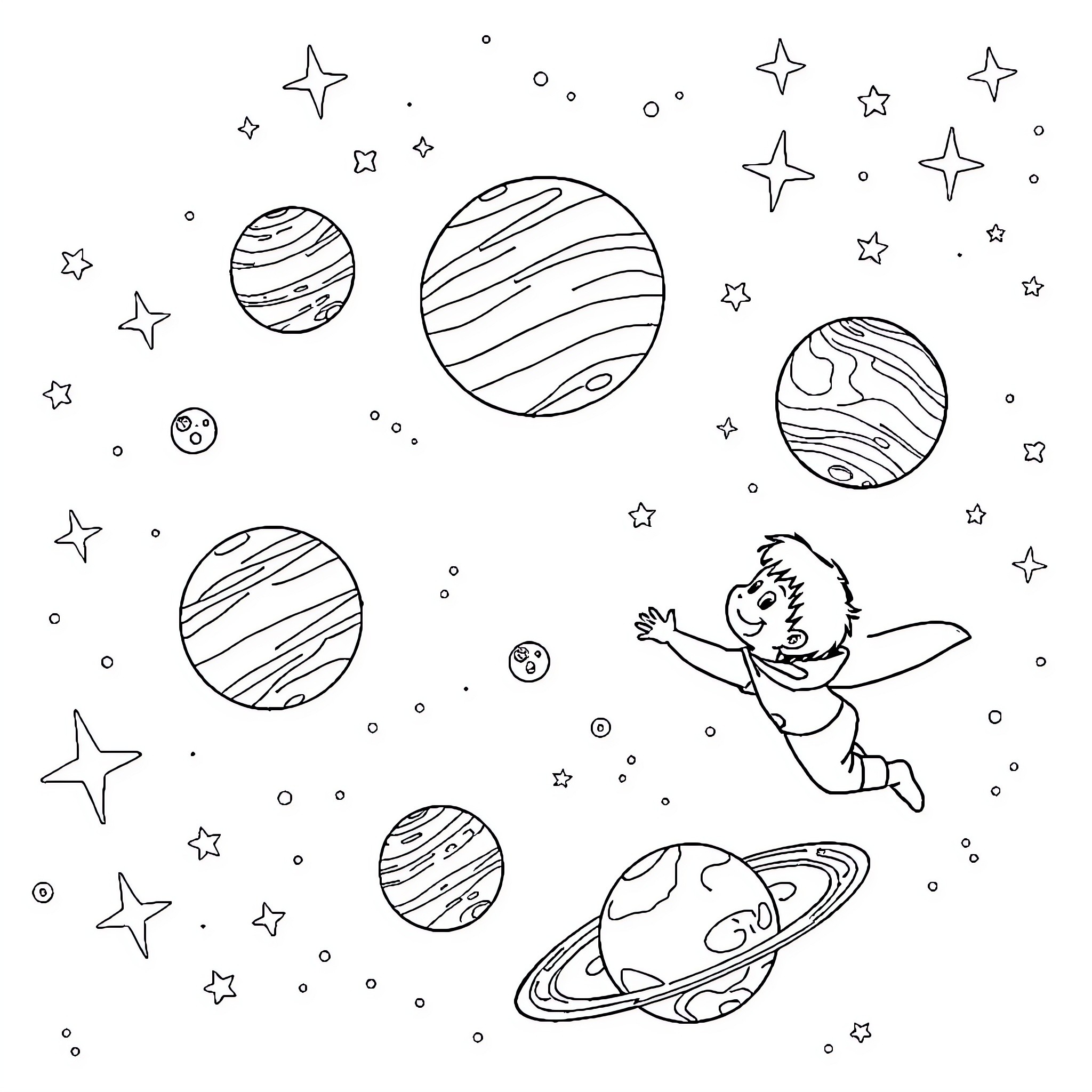 Boy exploring the wonders of the universe Coloring Page (free black-and-white line drawing printable PDF for all, from beginners to advanced learners, including children, teens, adults, and seniors)
