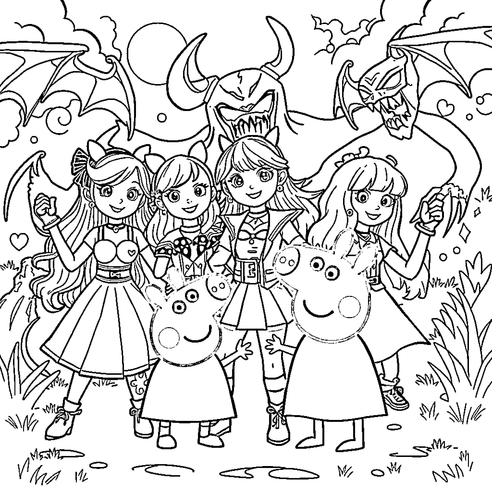 Bluey and Friends Exploring Enchanted Fantasy World Coloring Page (free black-and-white line drawing printable PDF for all, from beginners to advanced learners, including children, teens, adults, and seniors)