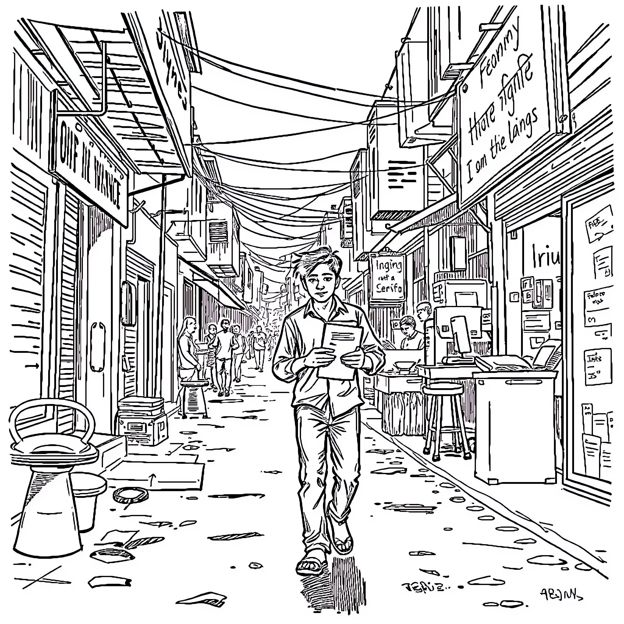 Arjun's Adventure in the Bustling Marketplace Coloring Page (free black-and-white line drawing printable PDF for all, from beginners to advanced learners, including children, teens, adults, and seniors)