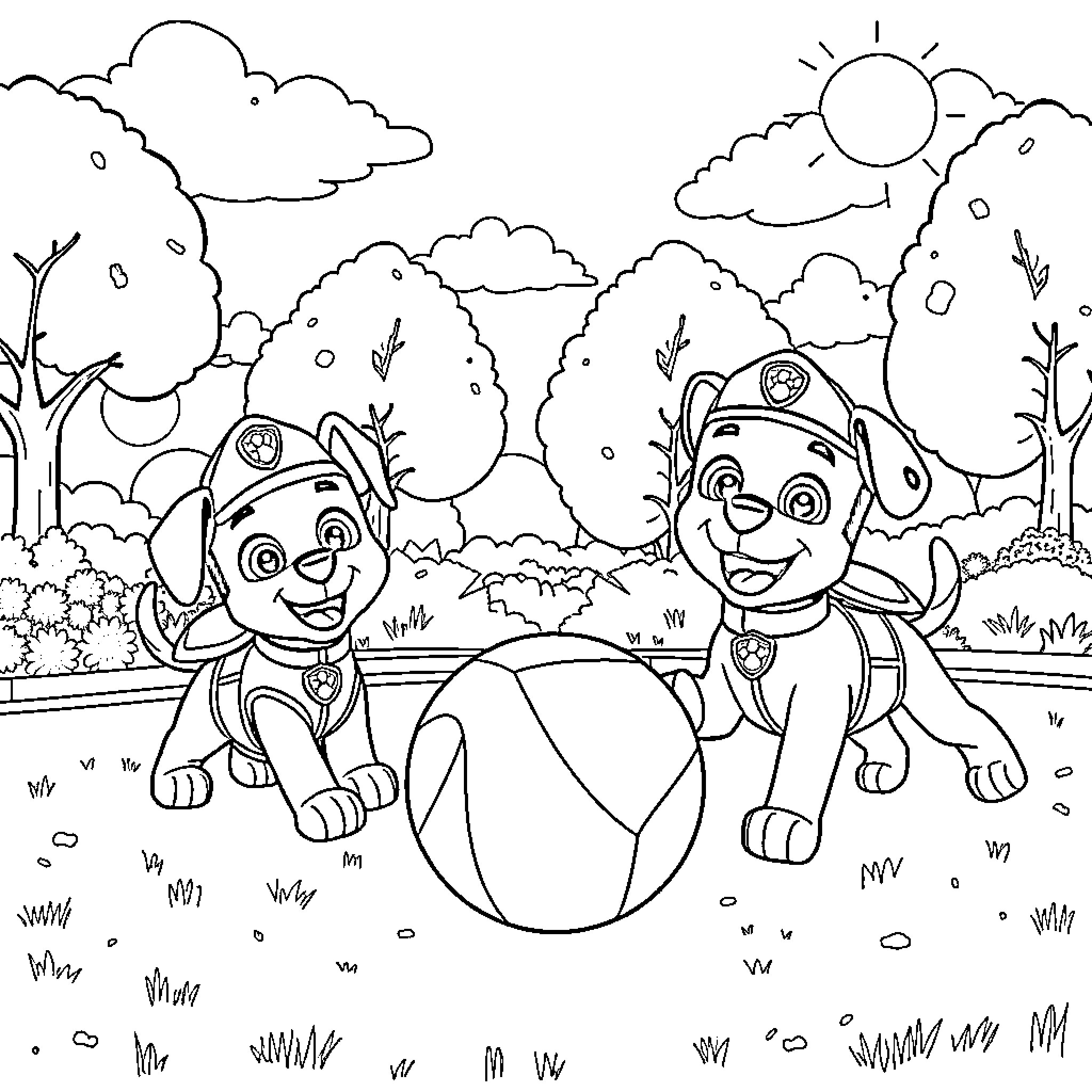 Paw Patrol pups exploring the outdoors Coloring Page (free black-and-white line drawing printable PDF for all, from beginners to advanced learners, including children, teens, adults, and seniors)