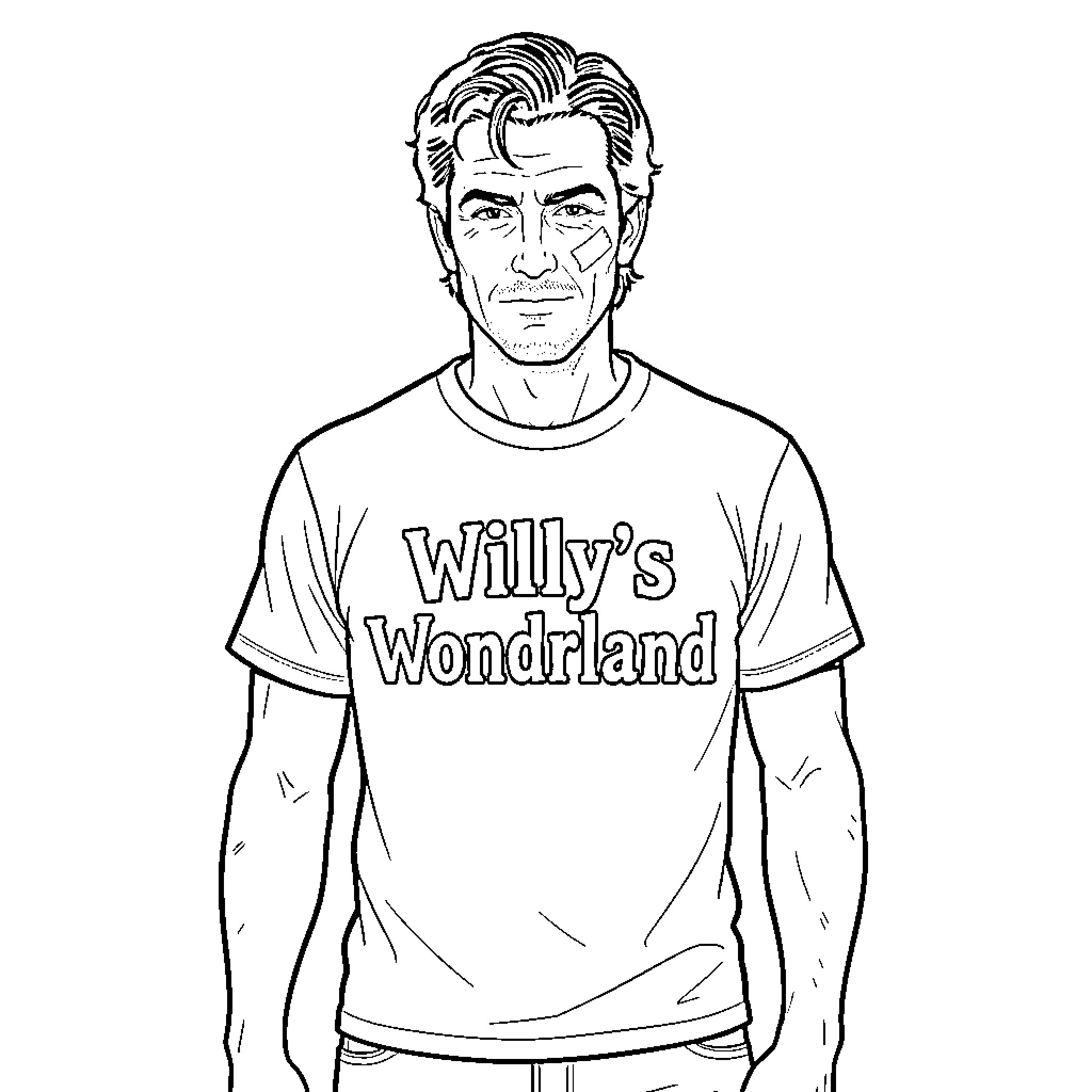 Nick Cage wearing a Willy's Wonderland t-shirt Coloring Page (free black-and-white line drawing printable PDF for all, from beginners to advanced learners, including children, teens, adults, and seniors)