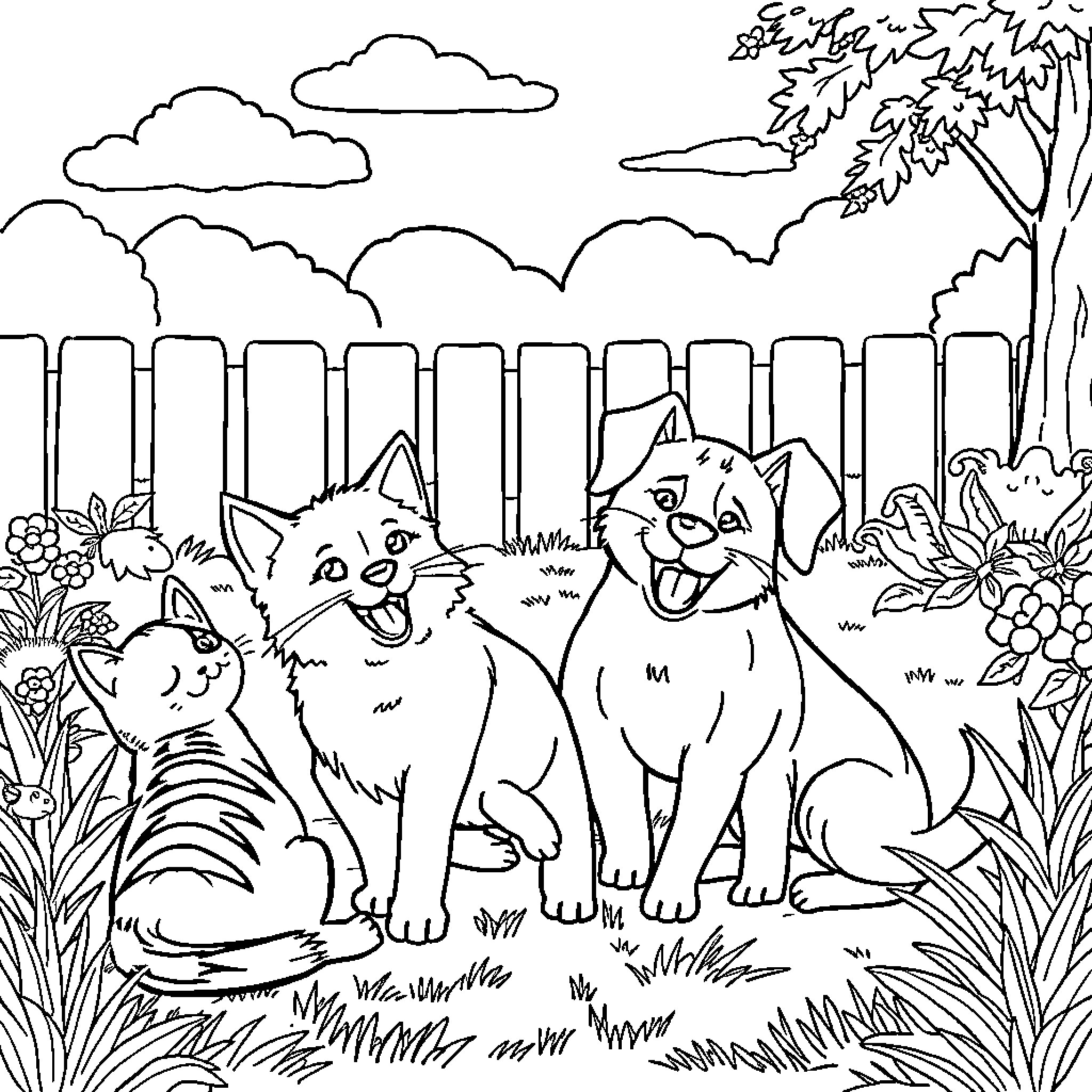 Cat and Dog Friends Enjoying Outdoor Scene Coloring Page (free black-and-white line drawing printable PDF for all, from beginners to advanced learners, including children, teens, adults, and seniors)
