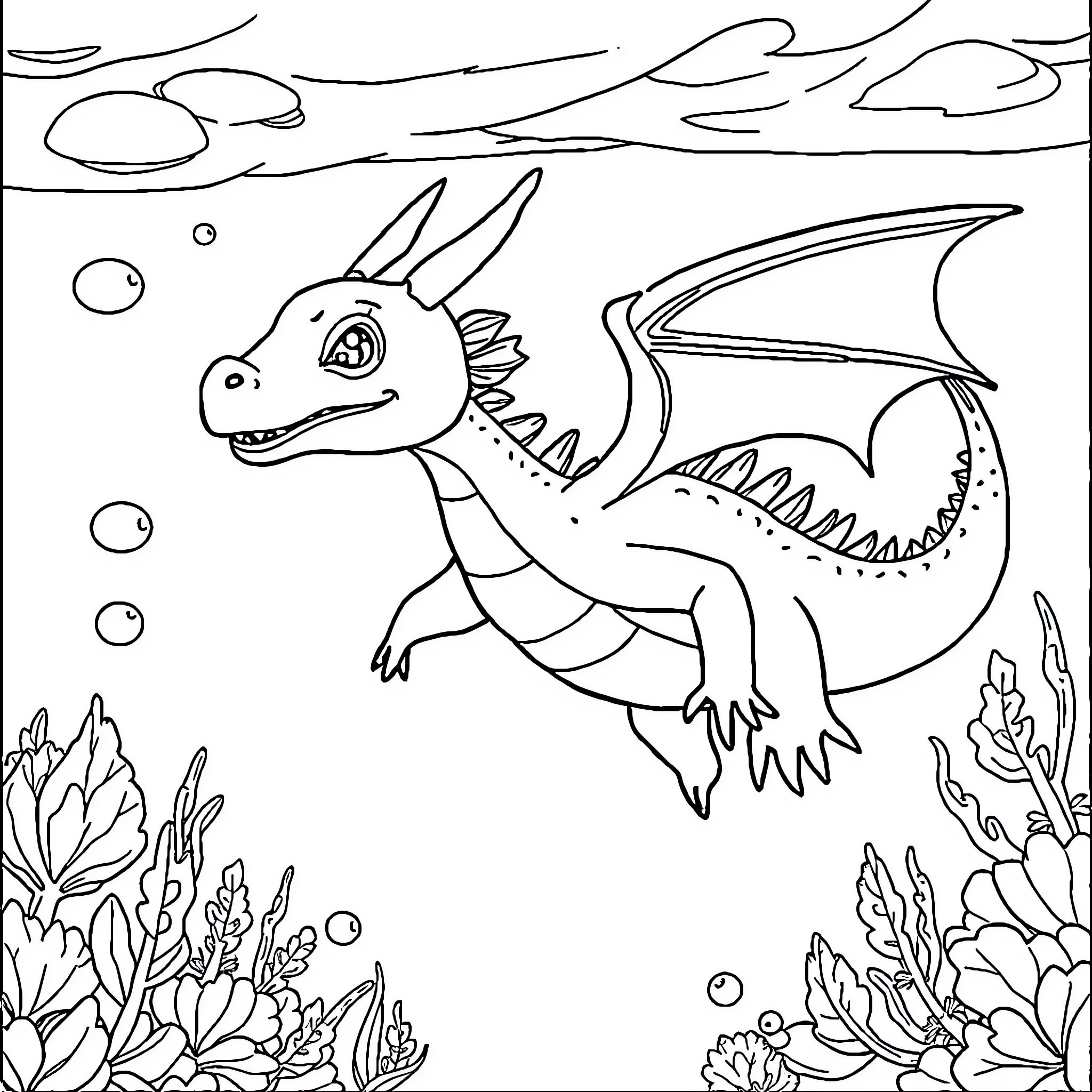 Dragon swimming underwater with sea plants Coloring Page (free black-and-white line drawing printable PDF for all, from beginners to advanced learners, including children, teens, adults, and seniors)