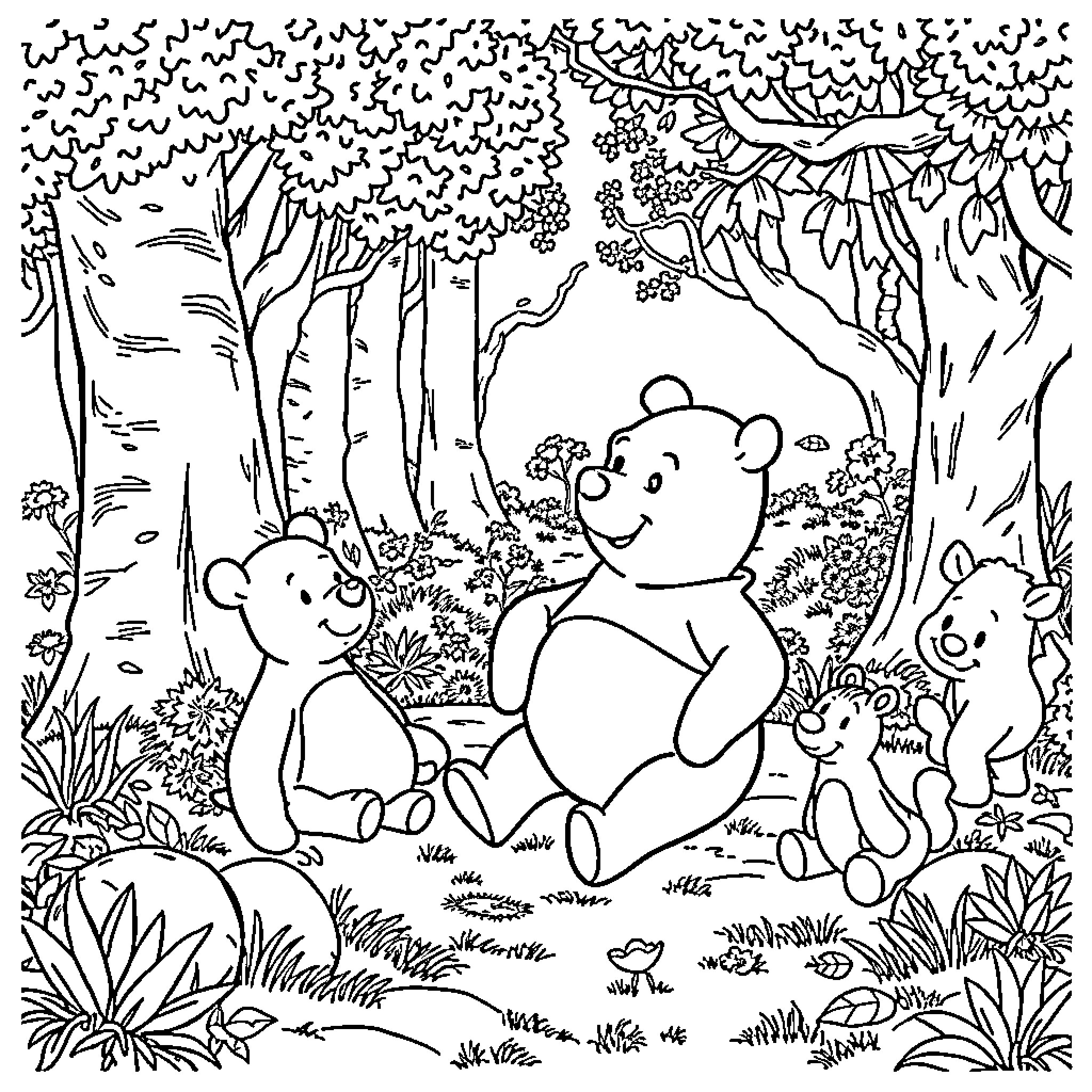 Winnie The Pooh and Friends Enjoying Nature Coloring Page (free black-and-white line drawing printable PDF for all, from beginners to advanced learners, including children, teens, adults, and seniors)
