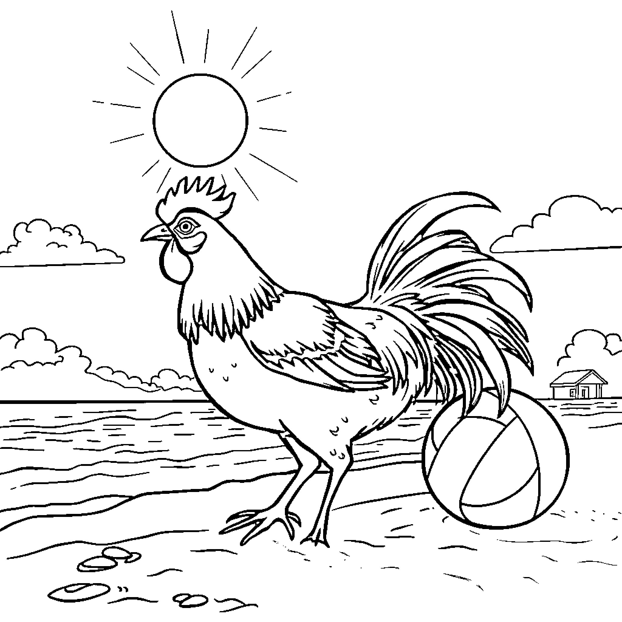 Chicken strutting on the beach with a beach ball Coloring Page (free black-and-white line drawing printable PDF for all, from beginners to advanced learners, including children, teens, adults, and seniors)