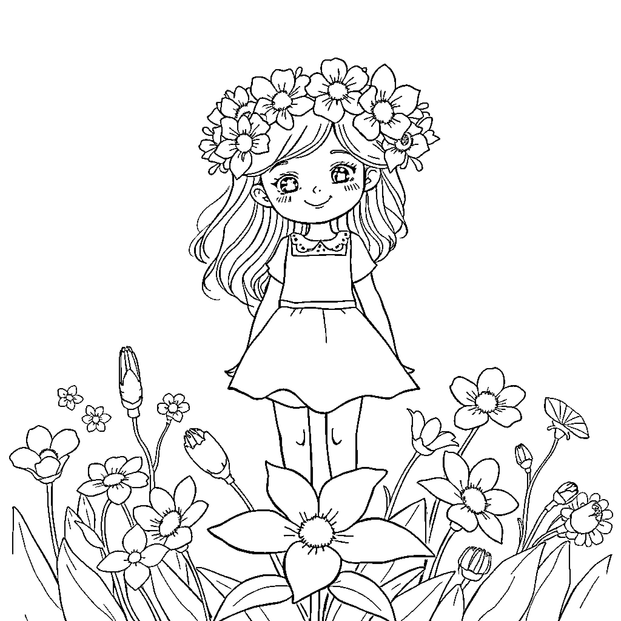 Girl in Flower Field Coloring Page (free black-and-white line drawing printable PDF for all, from beginners to advanced learners, including children, teens, adults, and seniors)