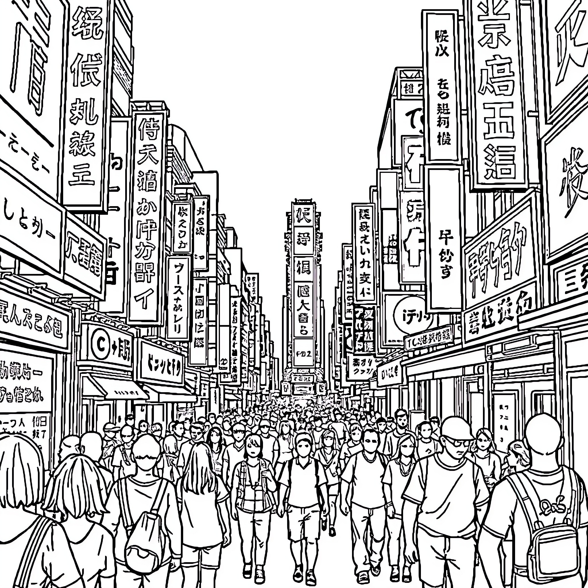 Tokyo Street Scene with Bustling Crowd and Neon Signs Coloring Page (free black-and-white line drawing printable PDF for all, from beginners to advanced learners, including children, teens, adults, and seniors)