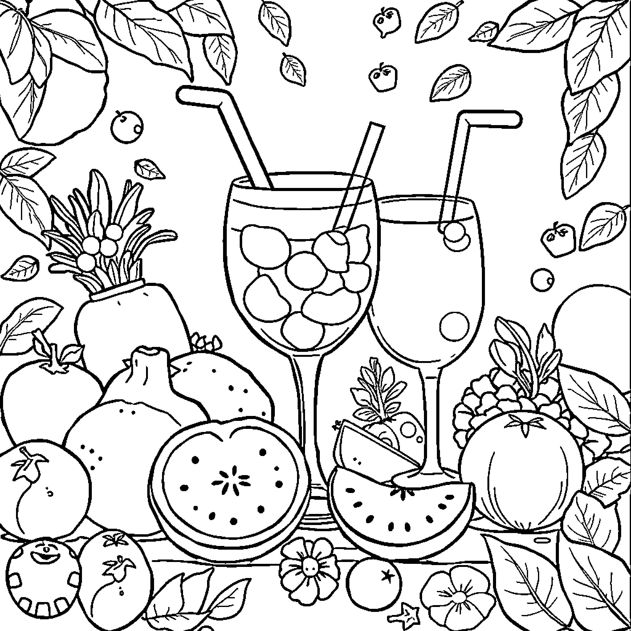 Food and Drinks Surrounded by Leaves and Flowers Coloring Page (free black-and-white line drawing printable PDF for all, from beginners to advanced learners, including children, teens, adults, and seniors)