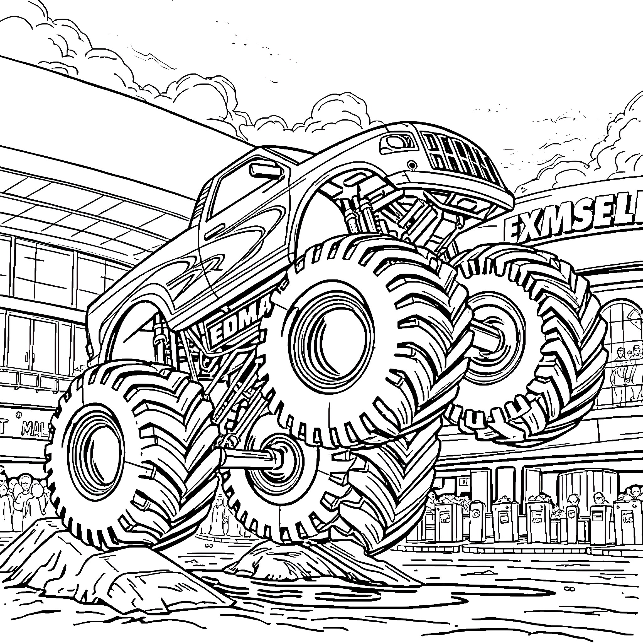 Monster Truck Crushing Cars in the Spotlight Coloring Page (free black-and-white line drawing printable PDF for all, from beginners to advanced learners, including children, teens, adults, and seniors)
