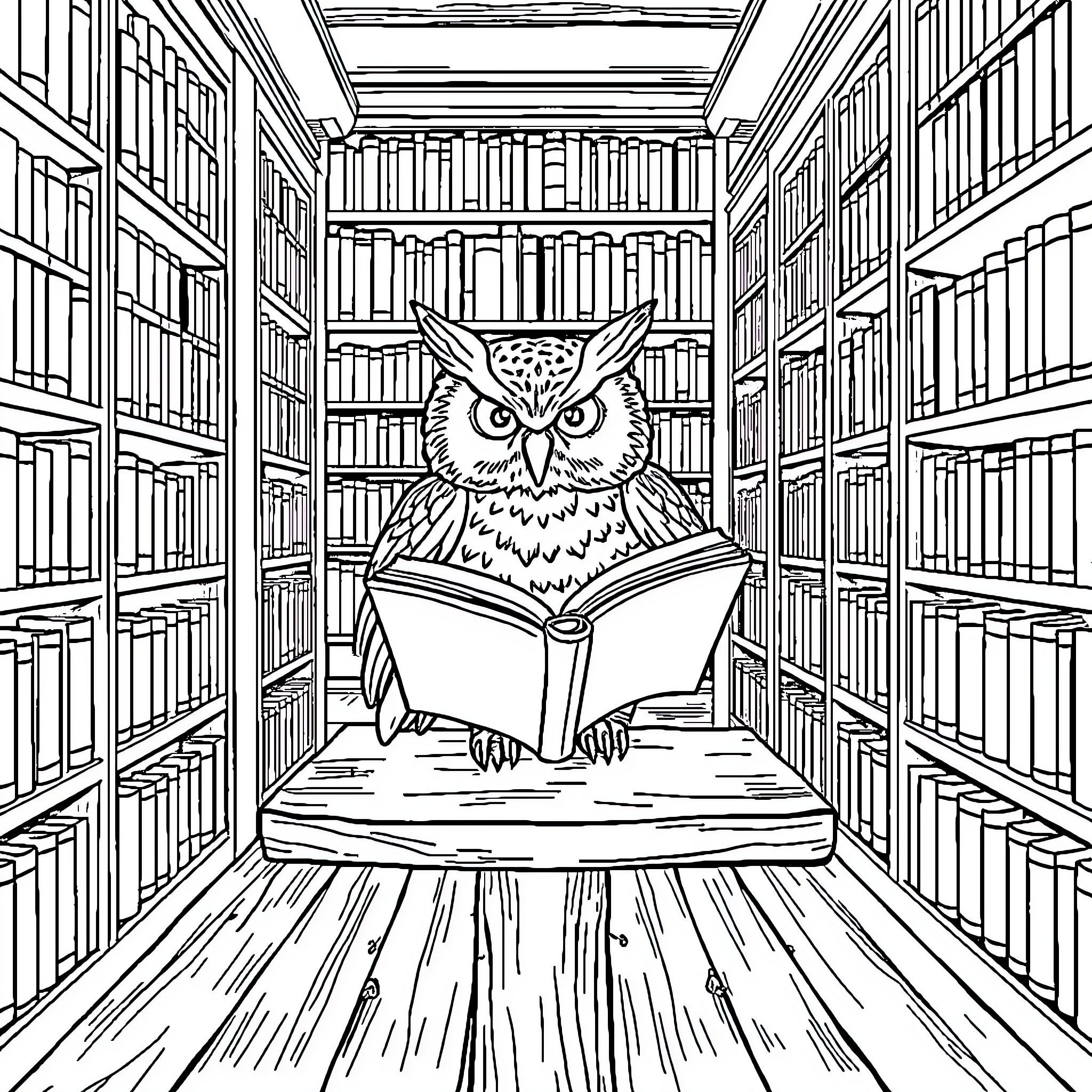 Owl reading intently in the library Coloring Page (free black-and-white line drawing printable PDF for all, from beginners to advanced learners, including children, teens, adults, and seniors)