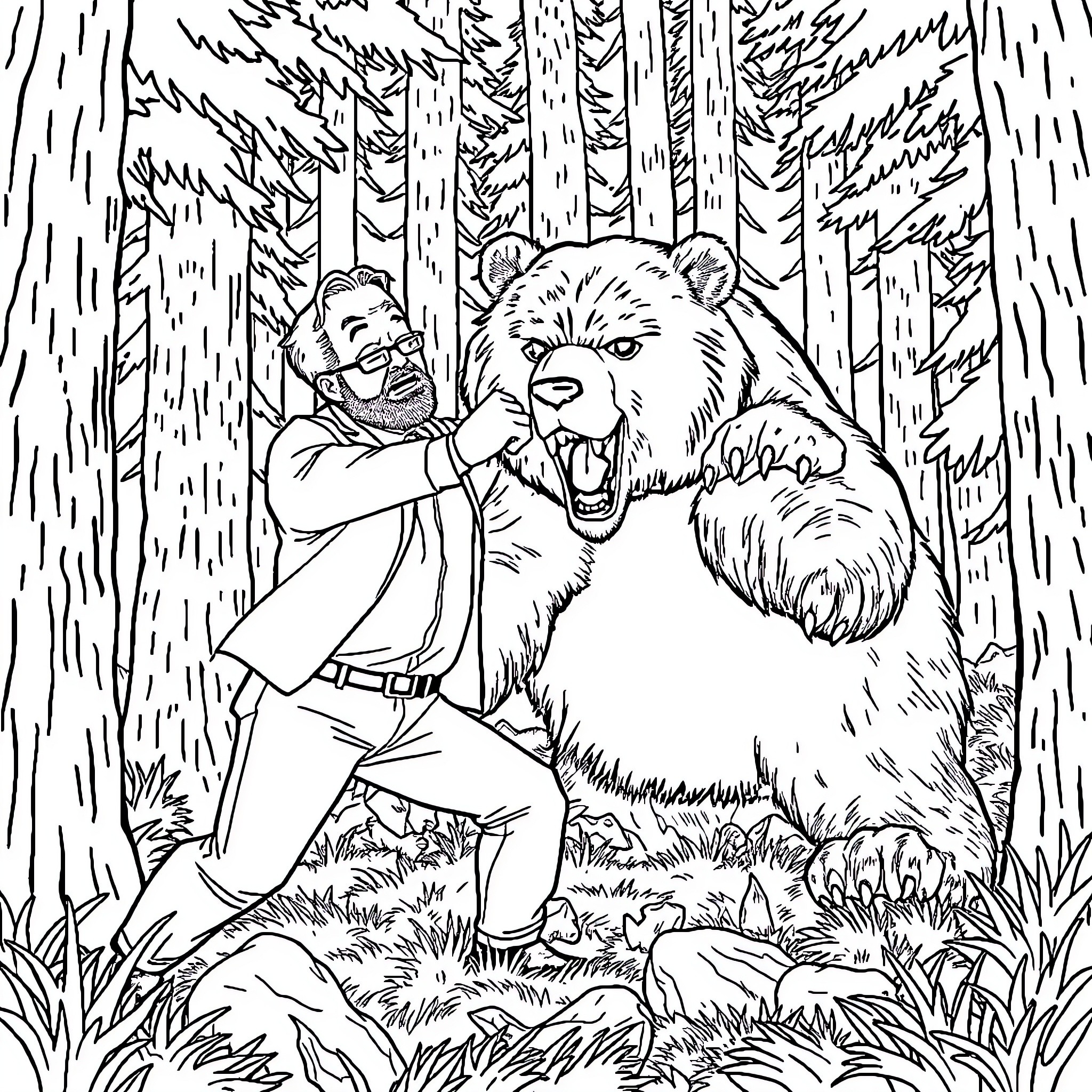 Dwight Schrute confronting a ferocious bear in the wilderness Coloring Page (free black-and-white line drawing printable PDF for all, from beginners to advanced learners, including children, teens, adults, and seniors)