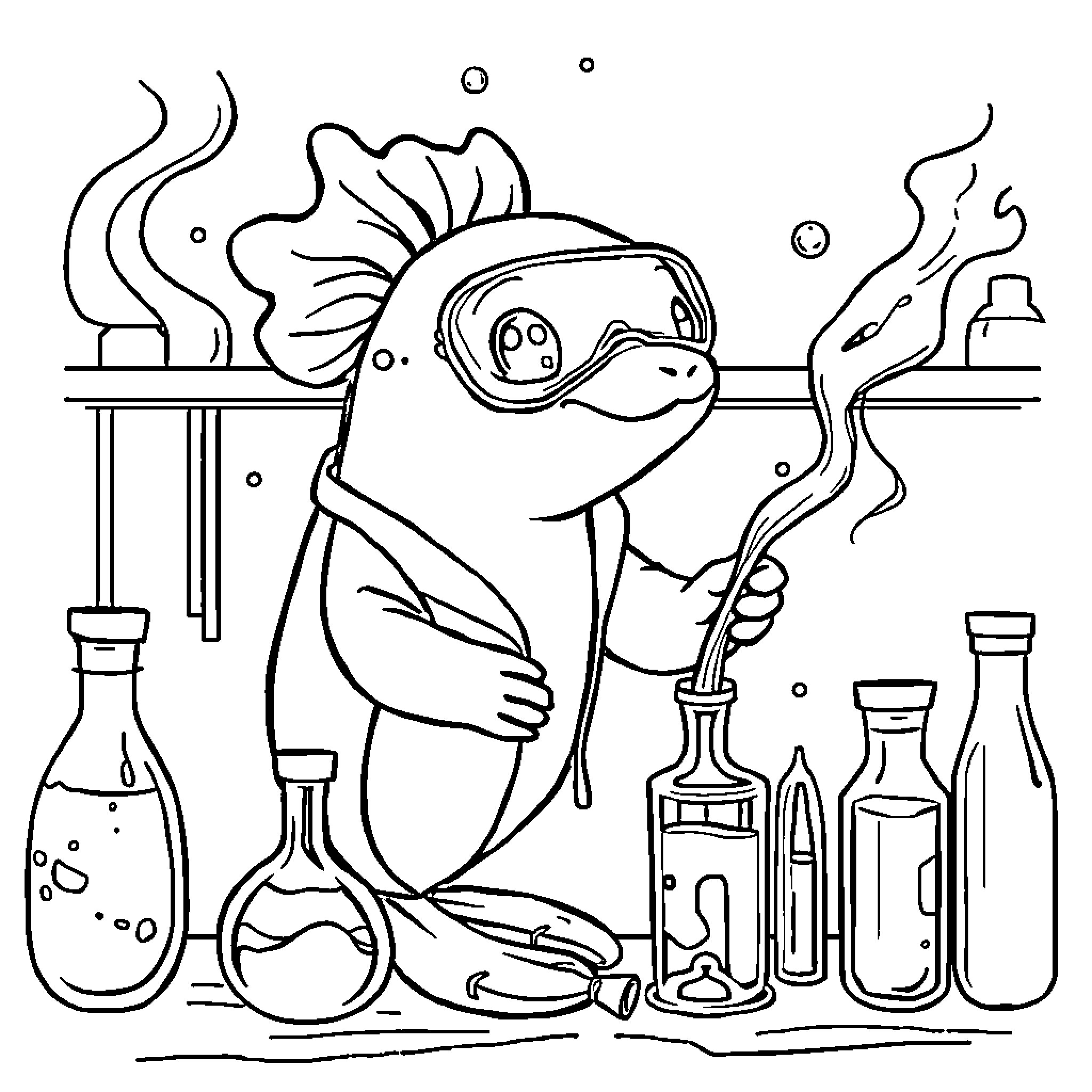 Vaquita conducting experiments in a laboratory Coloring Page (free black-and-white line drawing printable PDF for all, from beginners to advanced learners, including children, teens, adults, and seniors)