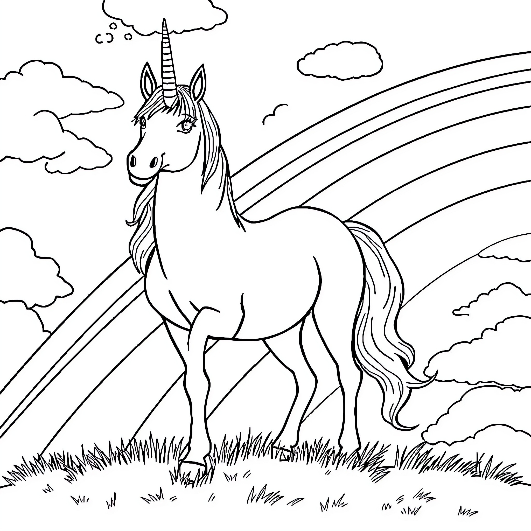 Unicorn prancing happily in a magical field Coloring Page (free black-and-white line drawing printable PDF for all, from beginners to advanced learners, including children, teens, adults, and seniors)