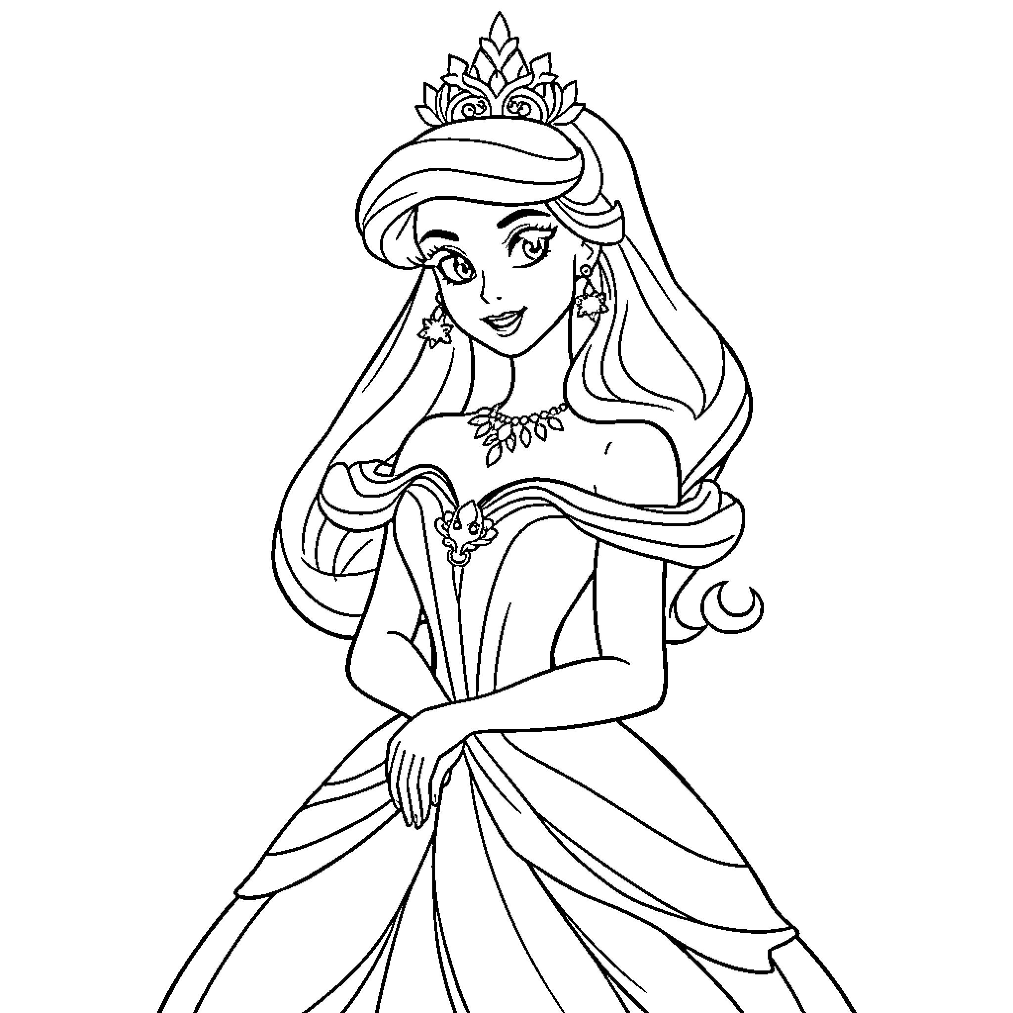 Princess in Elegant Dress and Crown Coloring Page (free black-and-white line drawing printable PDF for all, from beginners to advanced learners, including children, teens, adults, and seniors)