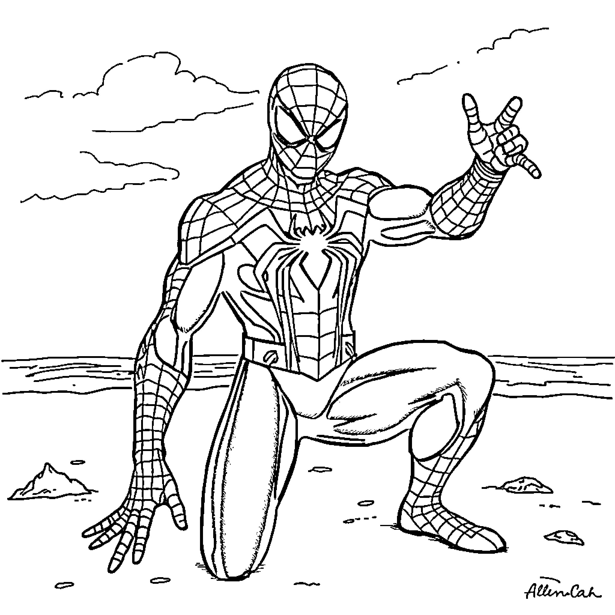 Spiderman in action on the beach Coloring Page (free black-and-white line drawing printable PDF for all, from beginners to advanced learners, including children, teens, adults, and seniors)