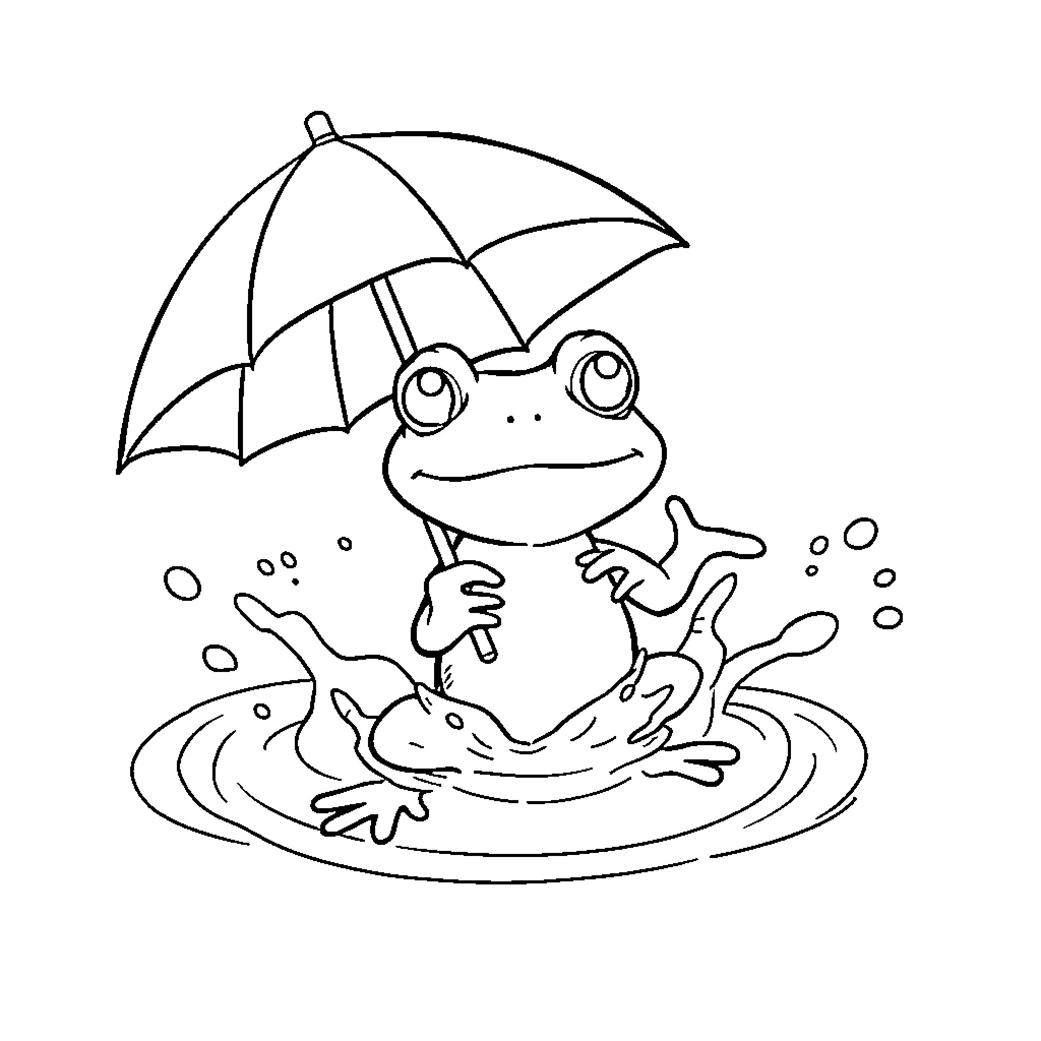 Frog taking shelter under an umbrella in the rain Coloring Page (free black-and-white line drawing printable PDF for all, from beginners to advanced learners, including children, teens, adults, and seniors)
