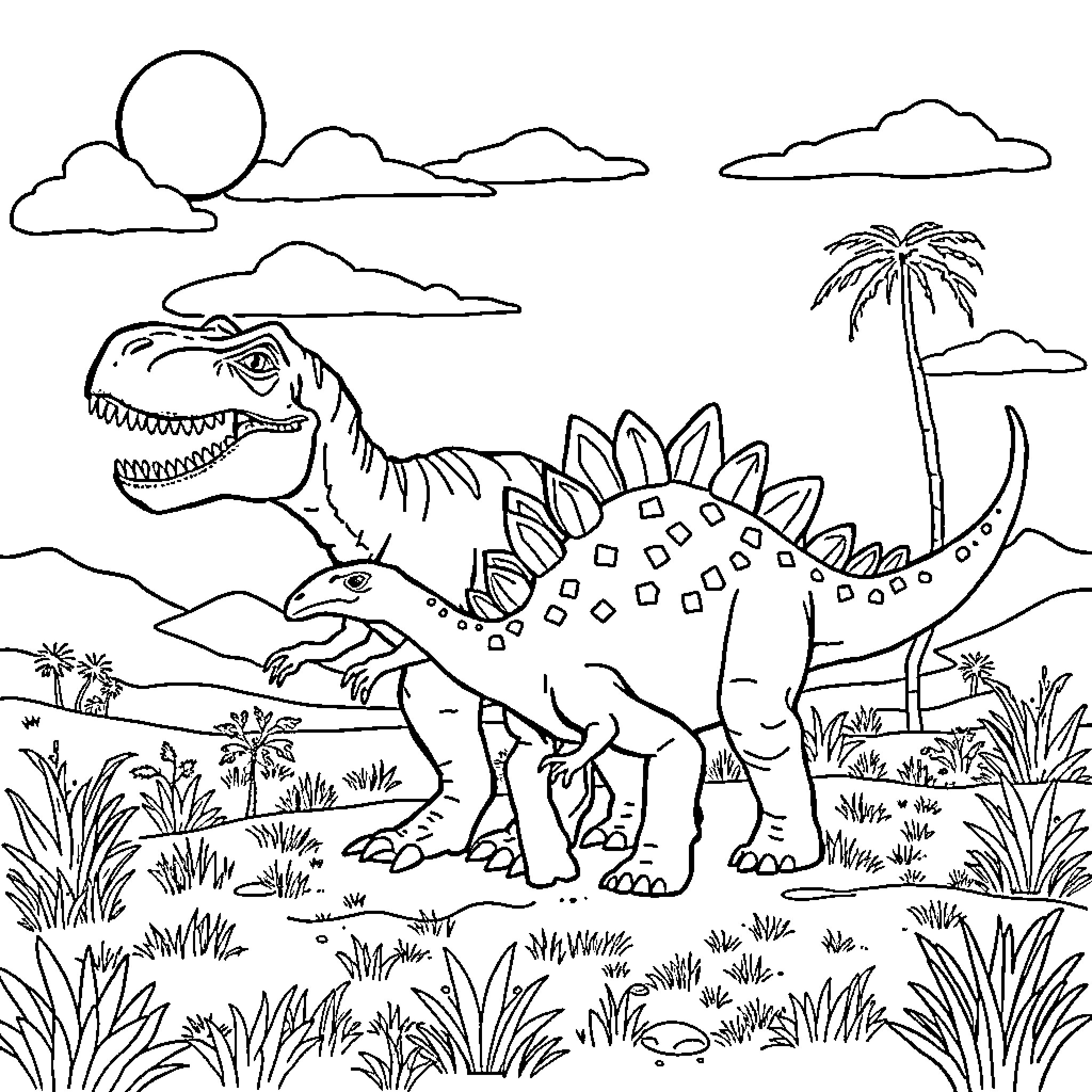 Dinosaur roaming through prehistoric landscape Coloring Page (free black-and-white line drawing printable PDF for all, from beginners to advanced learners, including children, teens, adults, and seniors)