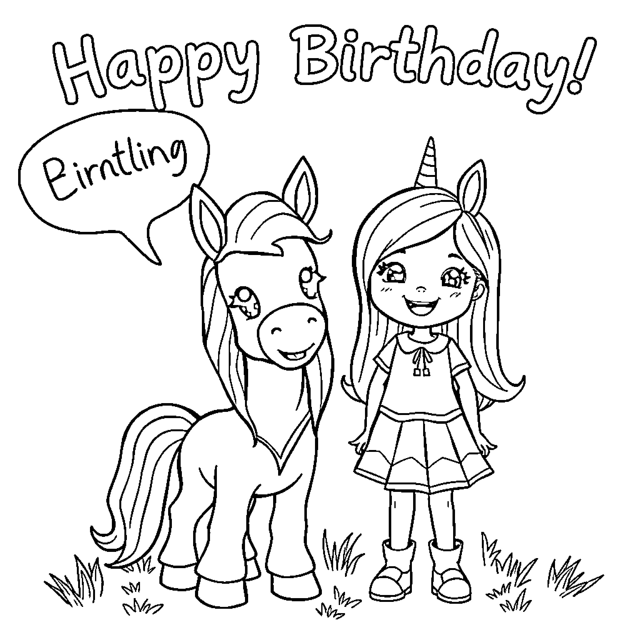 Pony and girl celebrating birthday Coloring Page (free black-and-white line drawing printable PDF for all, from beginners to advanced learners, including children, teens, adults, and seniors)